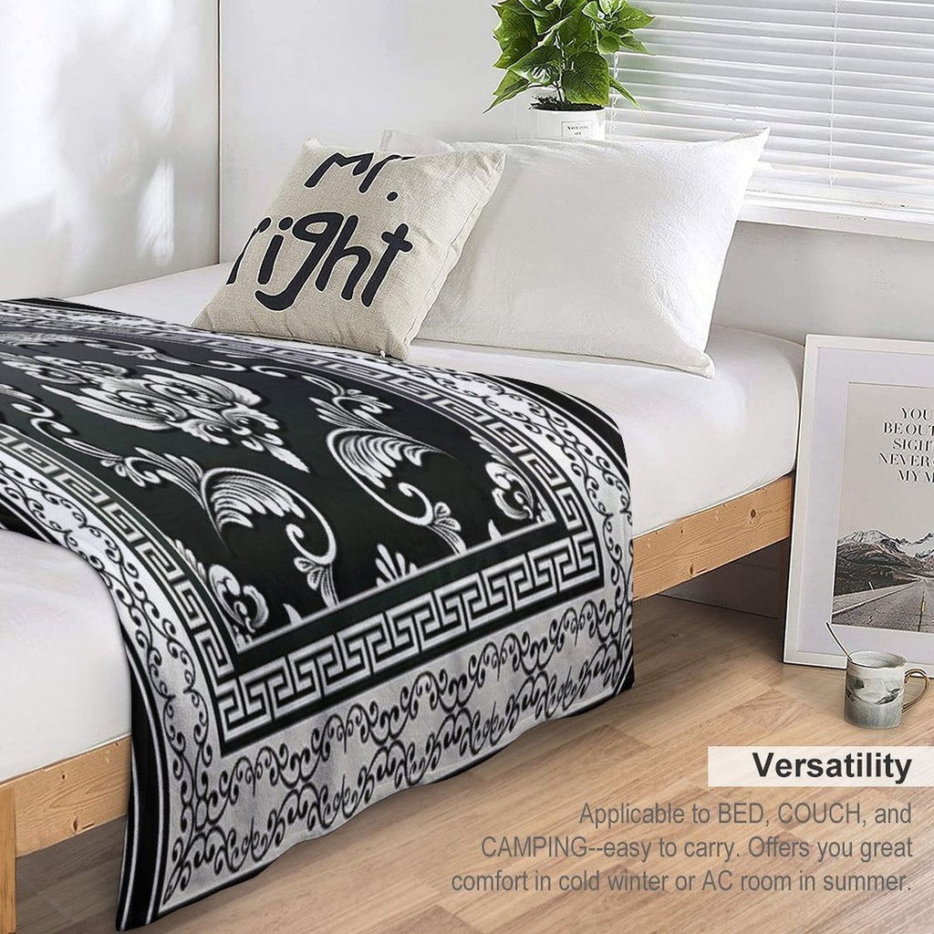 Greek Key Black And Cream Floral Pattern Travel-friendly Throw Blanket