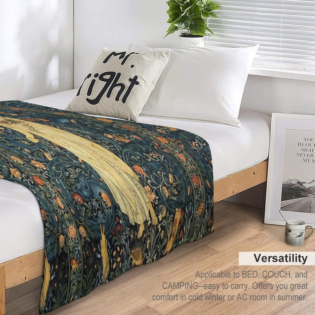 LADY FLORA, GREENERY, FOREST ANIMALS ,PHEASANT BIRDS ,RABBITS Blue Green Floral Tapestry Easy Care Throw Blanket
