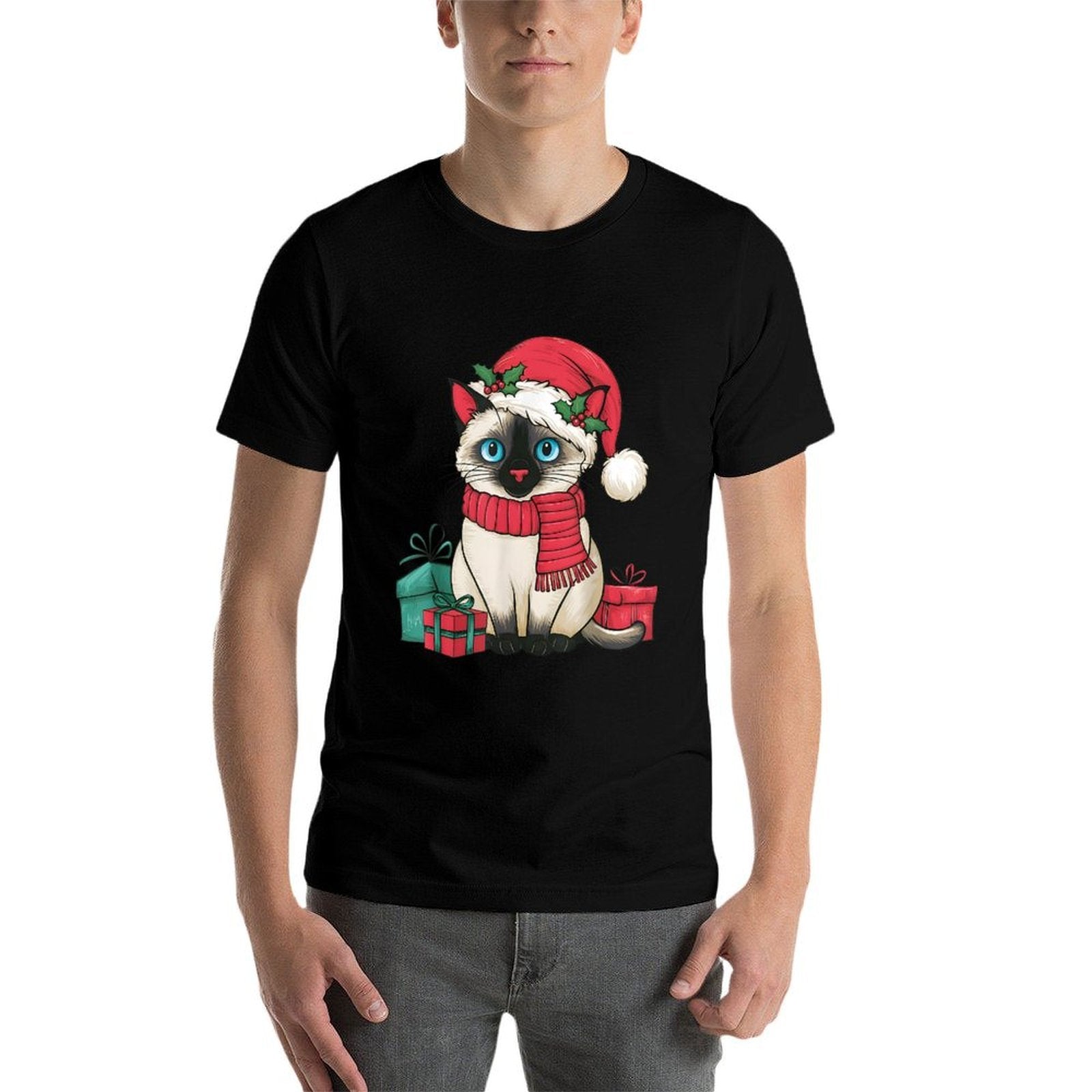 Siamese Cat Xmas Holiday Santa Siamese Cat Christmas Men Women Kids  Rolled Sleeves T-Shirt