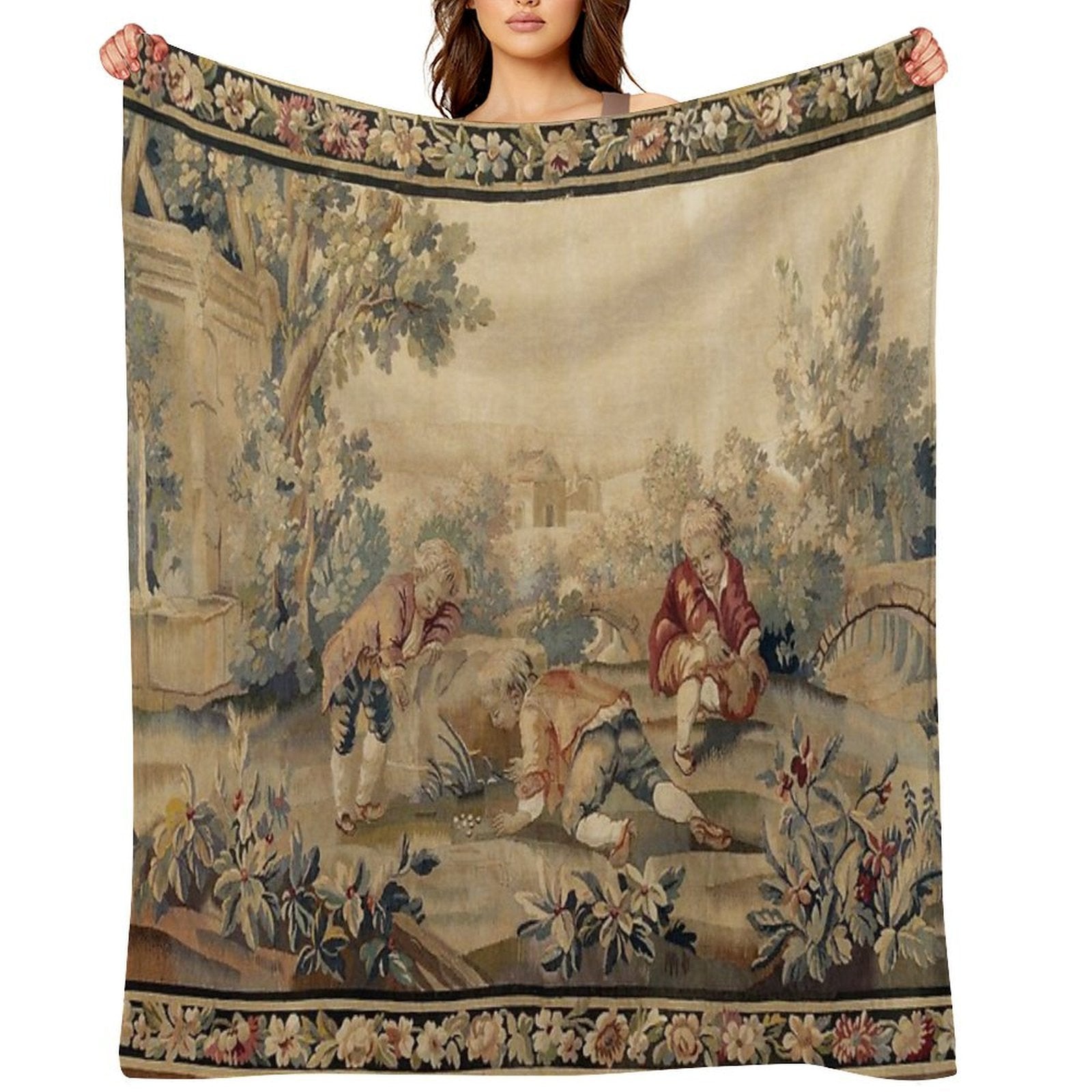 Aubusson  Antique French Tapestry Print Multi-functional Throw Blanket