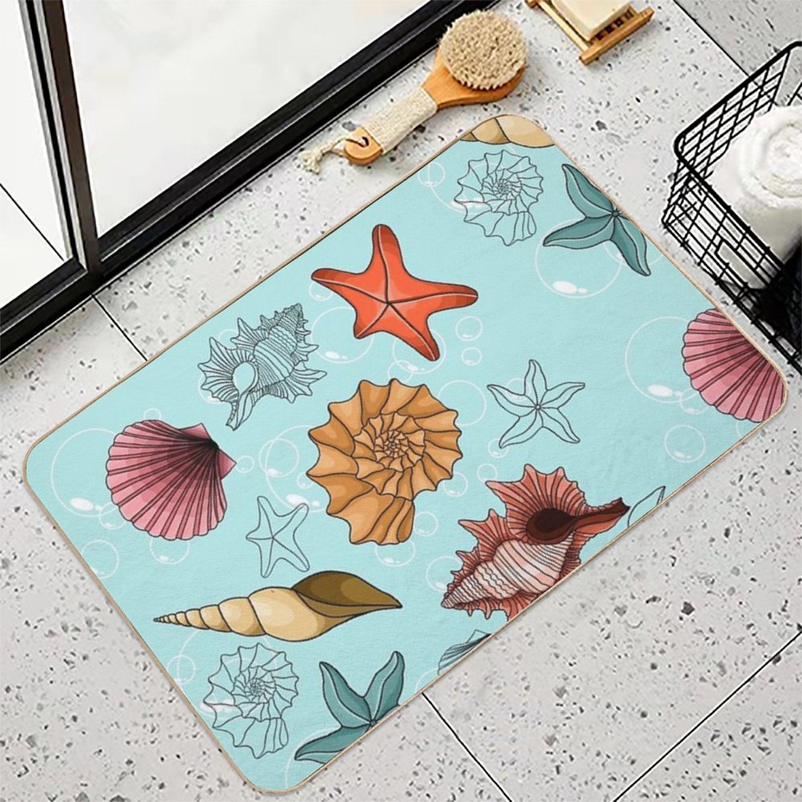 Marine Theme, Sea, Background, Beach, Summer, Ornament, Underwater, Starfish, Shells  Non-Slip Bath Mat