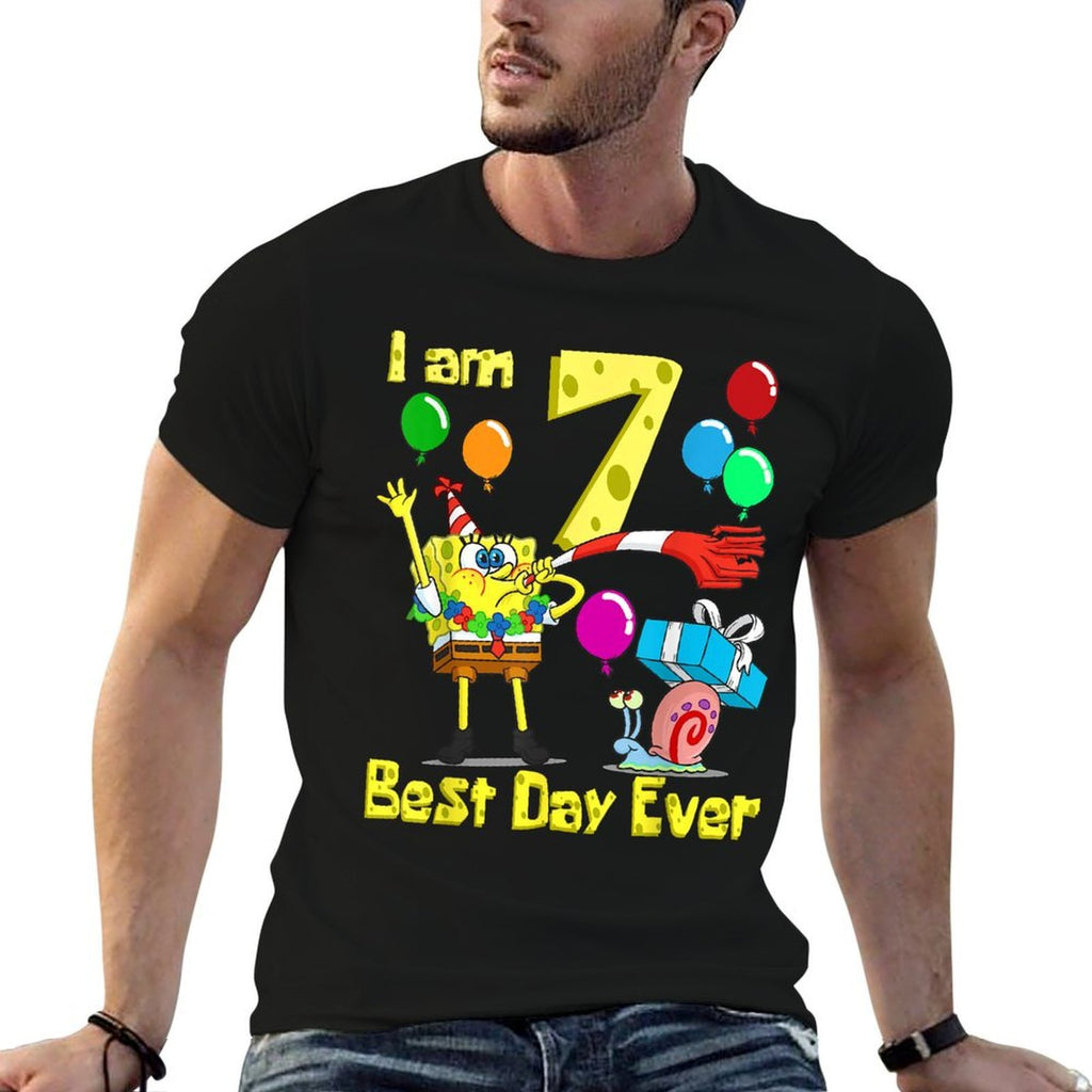 Mademark X SpongeBob SquarePants - SpongeBob I Am 7 Years Old Birthday Party  High-quality Stitching T-Shirt