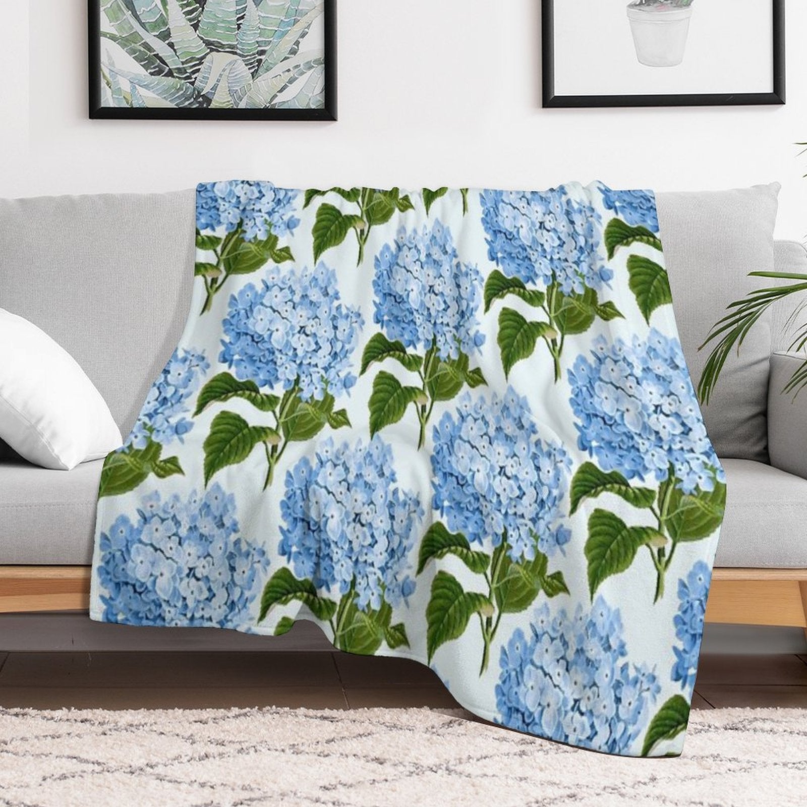 Blue Hydrangea Print - Floral Print Gift-ready Throw Blanket