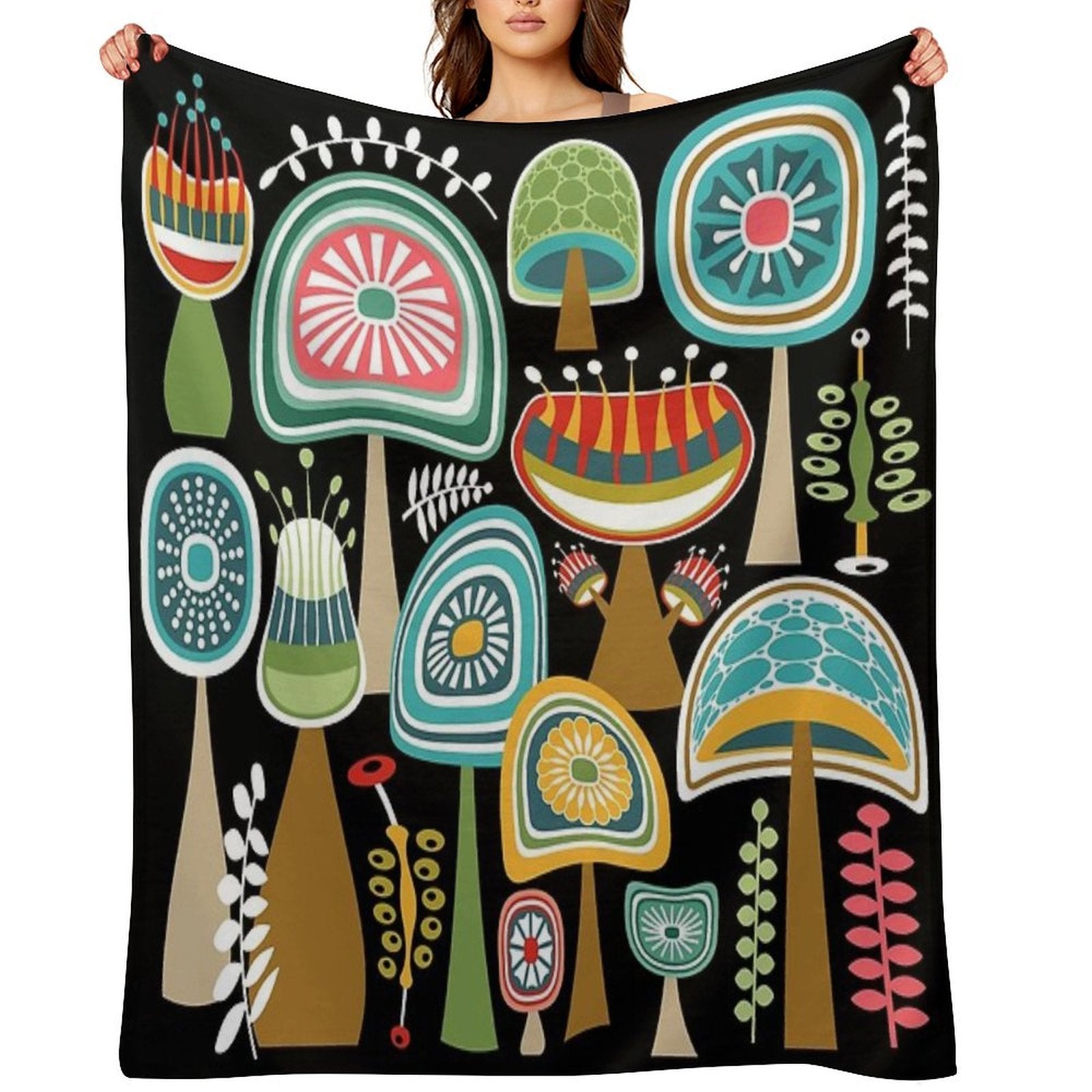 Colorful Mid Century Modern Mushrooms  Large Scale Gift-ready Throw Blanket
