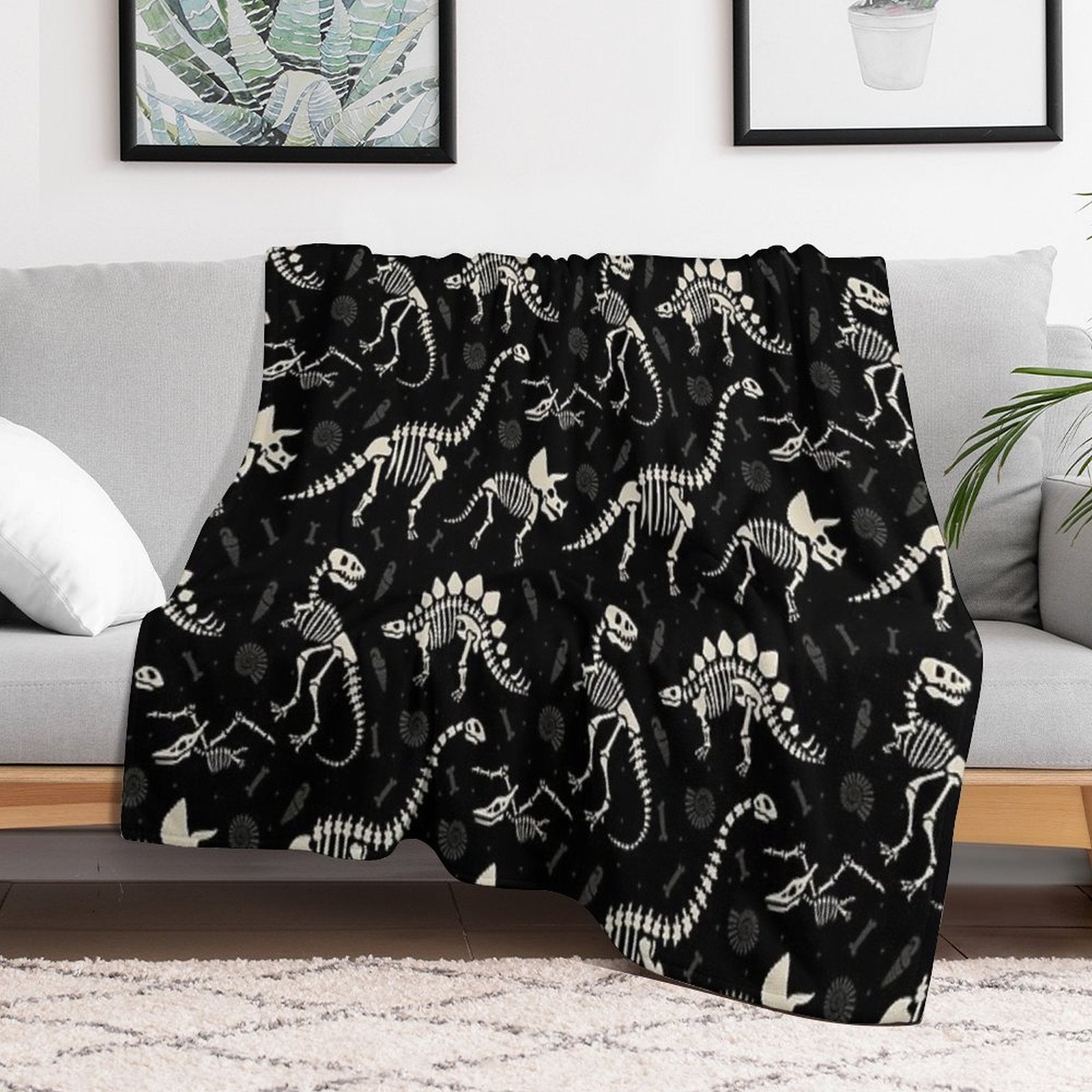 Dinosaur Fossils in Black Travel-friendly Throw Blanket