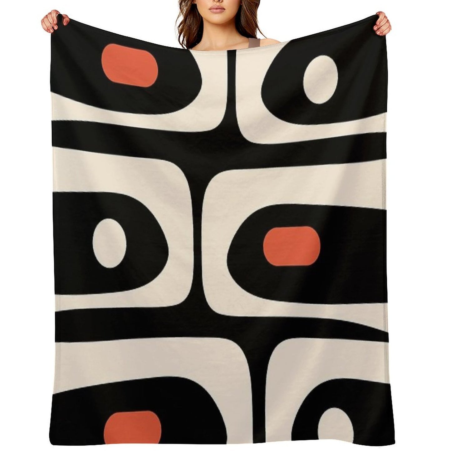 Mid Century Modern Piquet Abstract Pattern Black, Orange, And Almond Cream Travel-friendly Throw Blanket