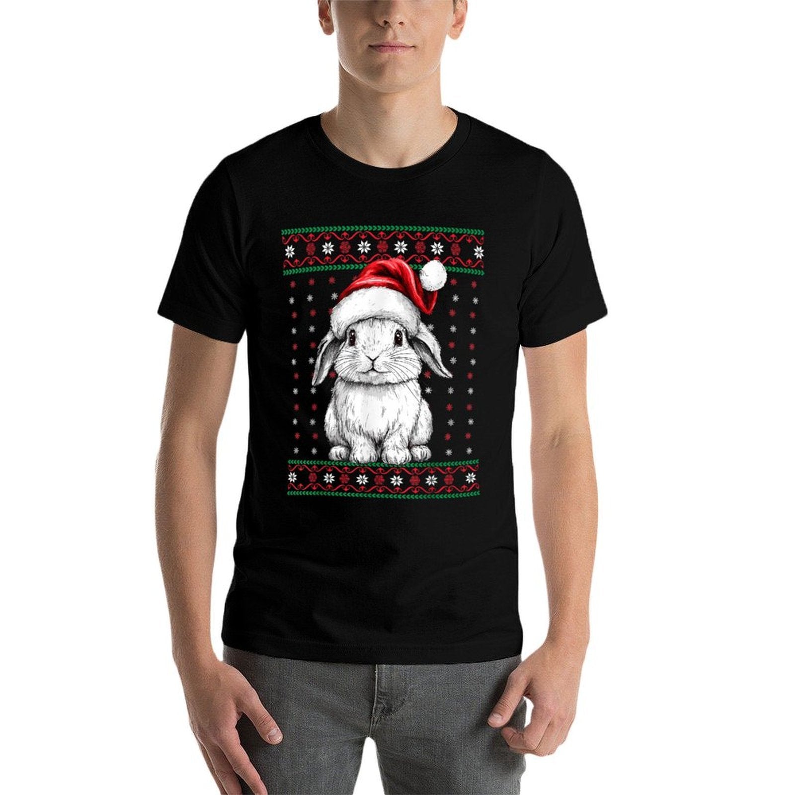 Ugly Christmas Sweater Rabbit Lover Santa Hat Funny Holiday  Eco-friendly Material T-Shirt