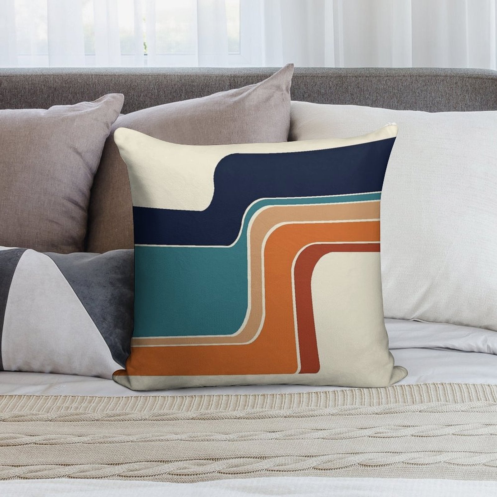 Retro Zig Zag Stripes Orange Rust Blue Soft Washable Throw Pillow