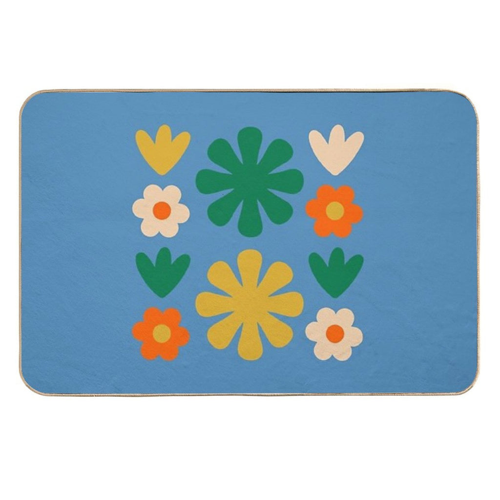 Retro Modern Scandi Flower Grid Pattern Blue Green Mustard Orange Beige  Pet-Safe Bath Mat
