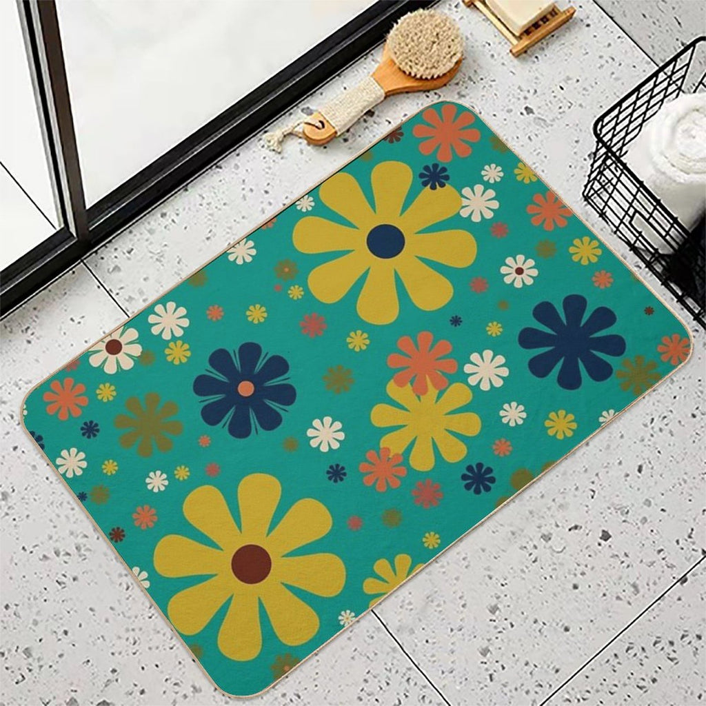 Flowerama - Retro 60s Floral Pattern in Mid Mod Mustard, Olive, Orange, Beige, And Turquoise Teal  Fade-Resistant Bath Mat