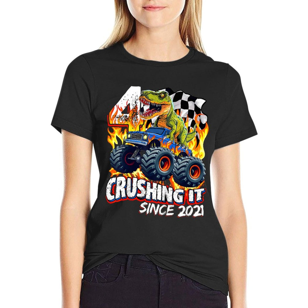 Kids Trex Dinosaur 4th Birthday Boy 4yr Monster Truck 4 Year Old  Heathered Texture T-Shirt