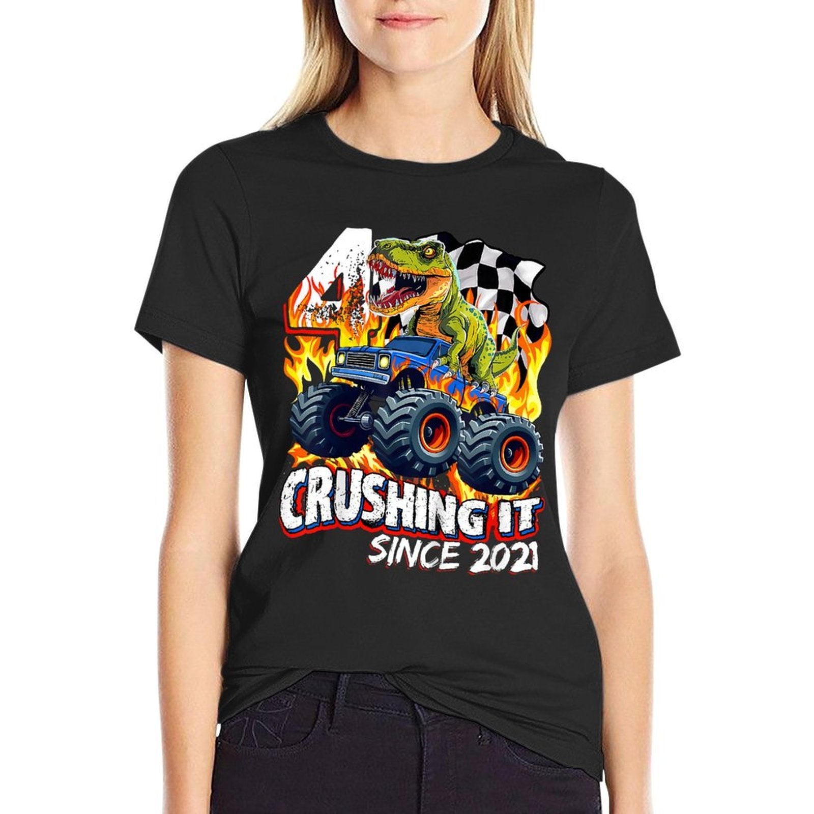 Kids Trex Dinosaur 4th Birthday Boy 4yr Monster Truck 4 Year Old  Heathered Texture T-Shirt