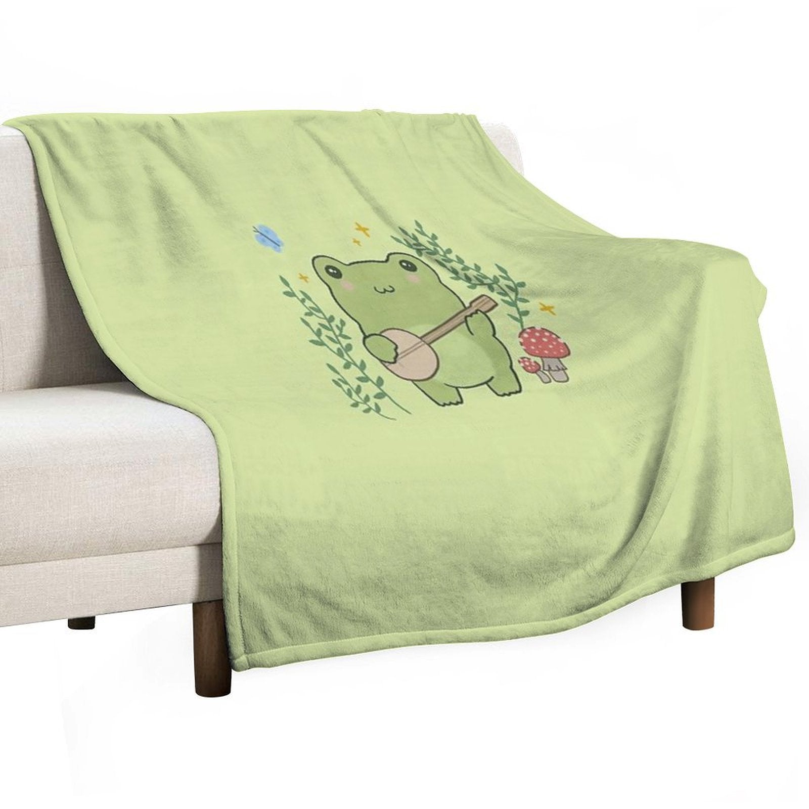 Kawaii Frog Playing Banjo Toad Cottagecore Aesthetic Mushroom And Blue Butterfly Easy Care Throw Blanket