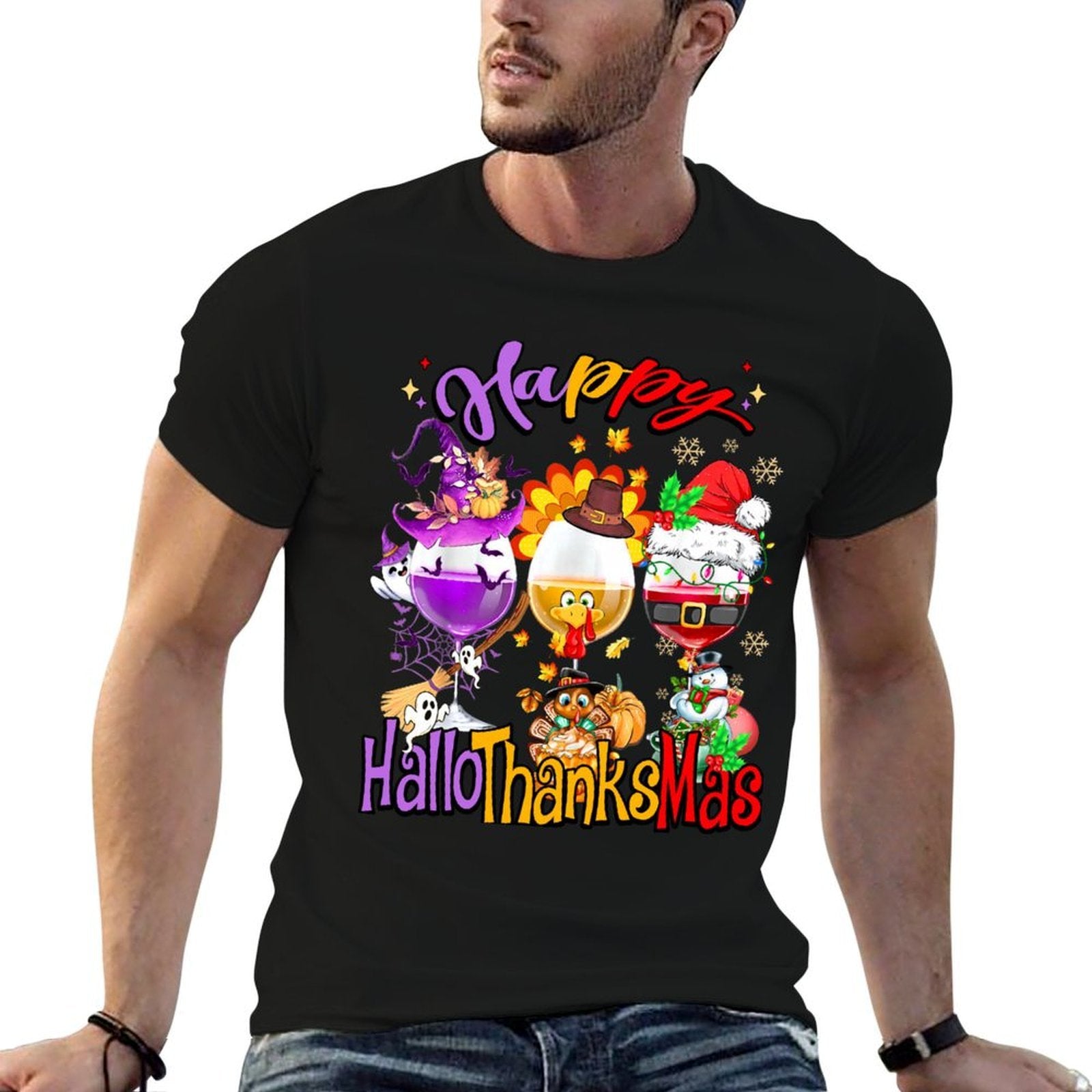 Happy Hallothanksmas Wine Glass Ghosts Turkey Santa Drinking  Wrinkle-resistant T-Shirt