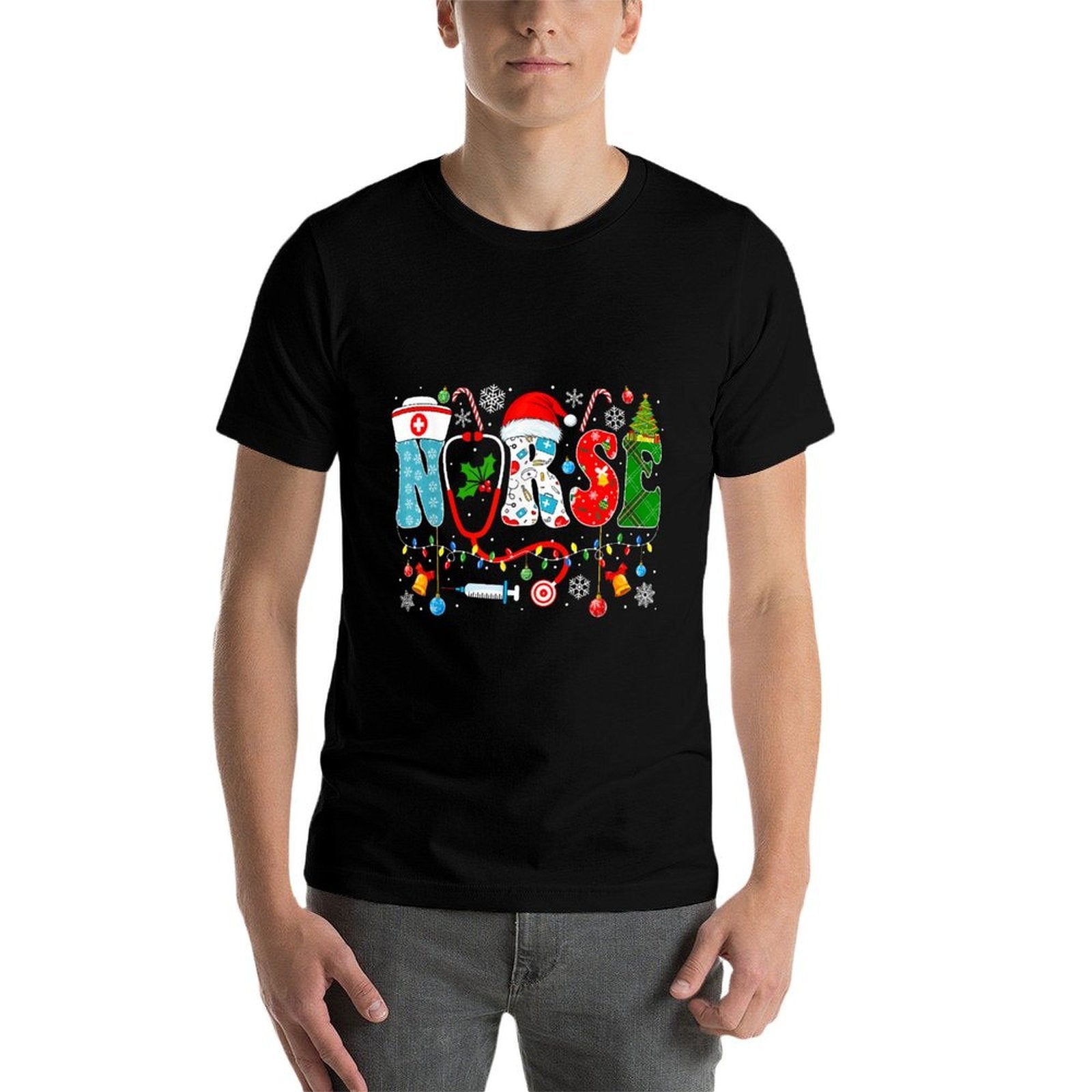 Christmas Nurse Santa Xmas Nursing Pajamas Unisex-Adults Unisex-Kids Black Small Winter Christmas Nurse Santa RN  High-quality Stitching T-Shirt