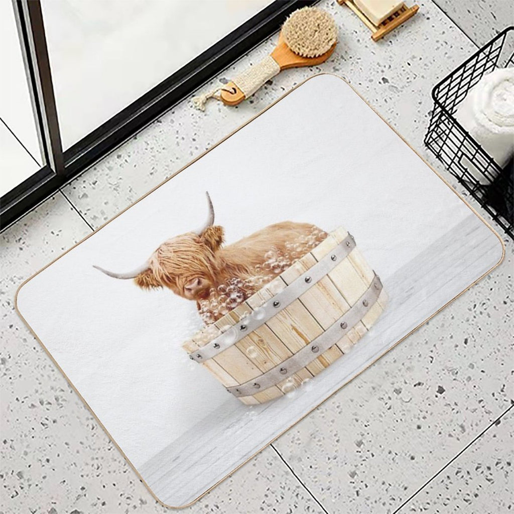 Highland Cow in Wooden Bathtub, Cow Taking A Bath, Cow Bathing, Bathtub Animal Art Print By Synplus  Absorbent Bath Mat