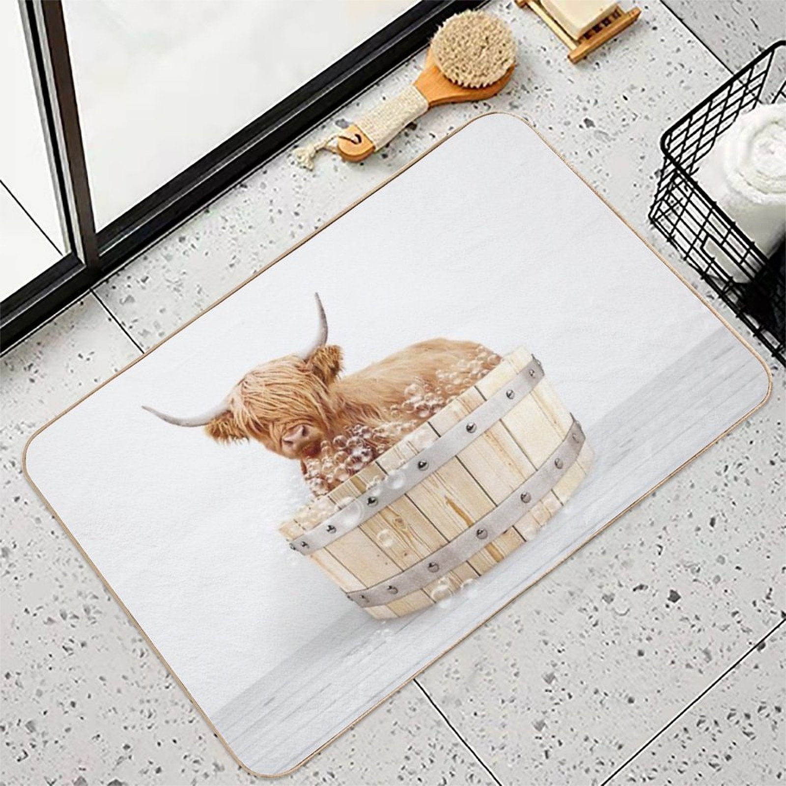 Highland Cow in Wooden Bathtub, Cow Taking A Bath, Cow Bathing, Bathtub Animal Art Print By Synplus  Absorbent Bath Mat