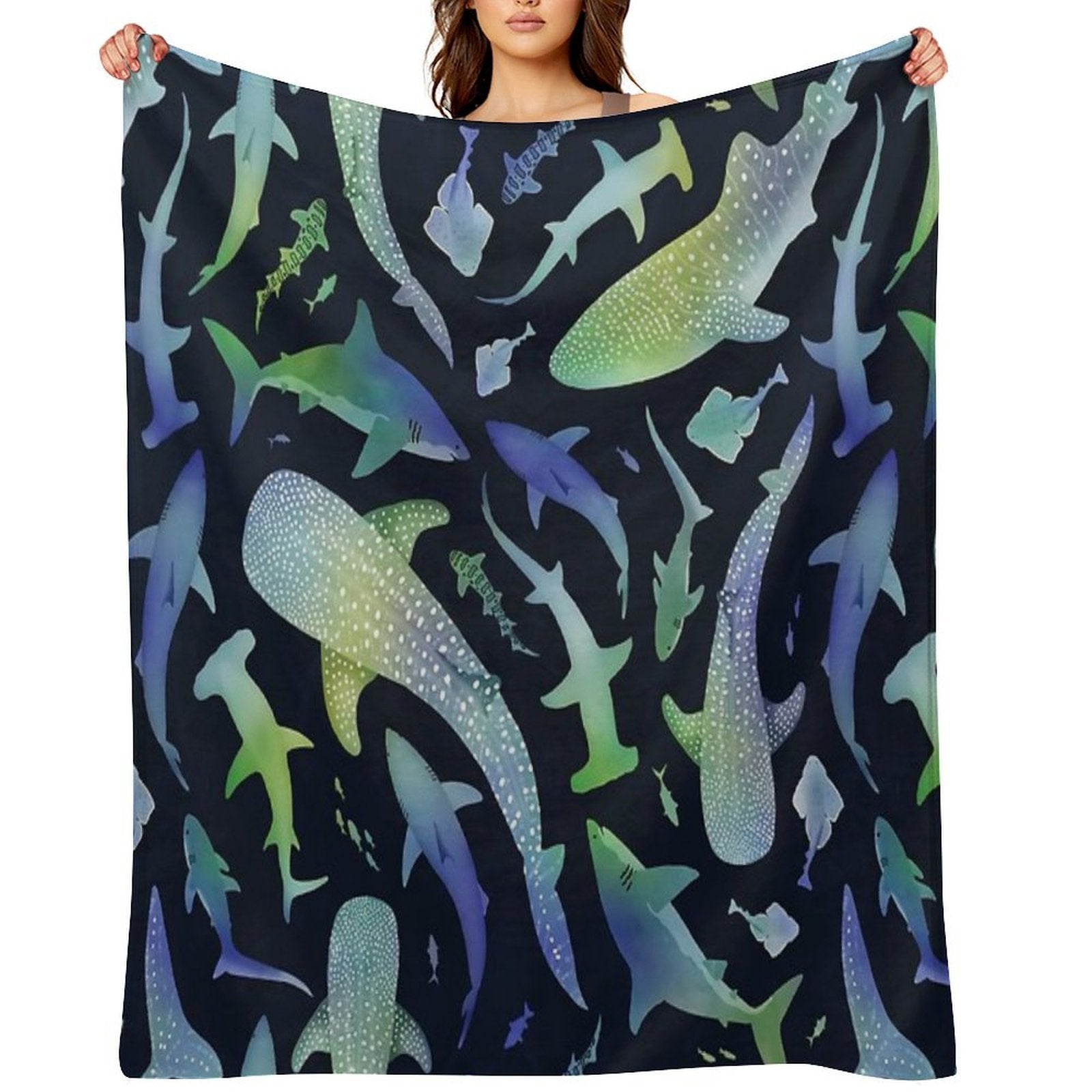 Blue And Green Watercolor Shark Ocean on Dark Navy Blue Travel-friendly Throw Blanket