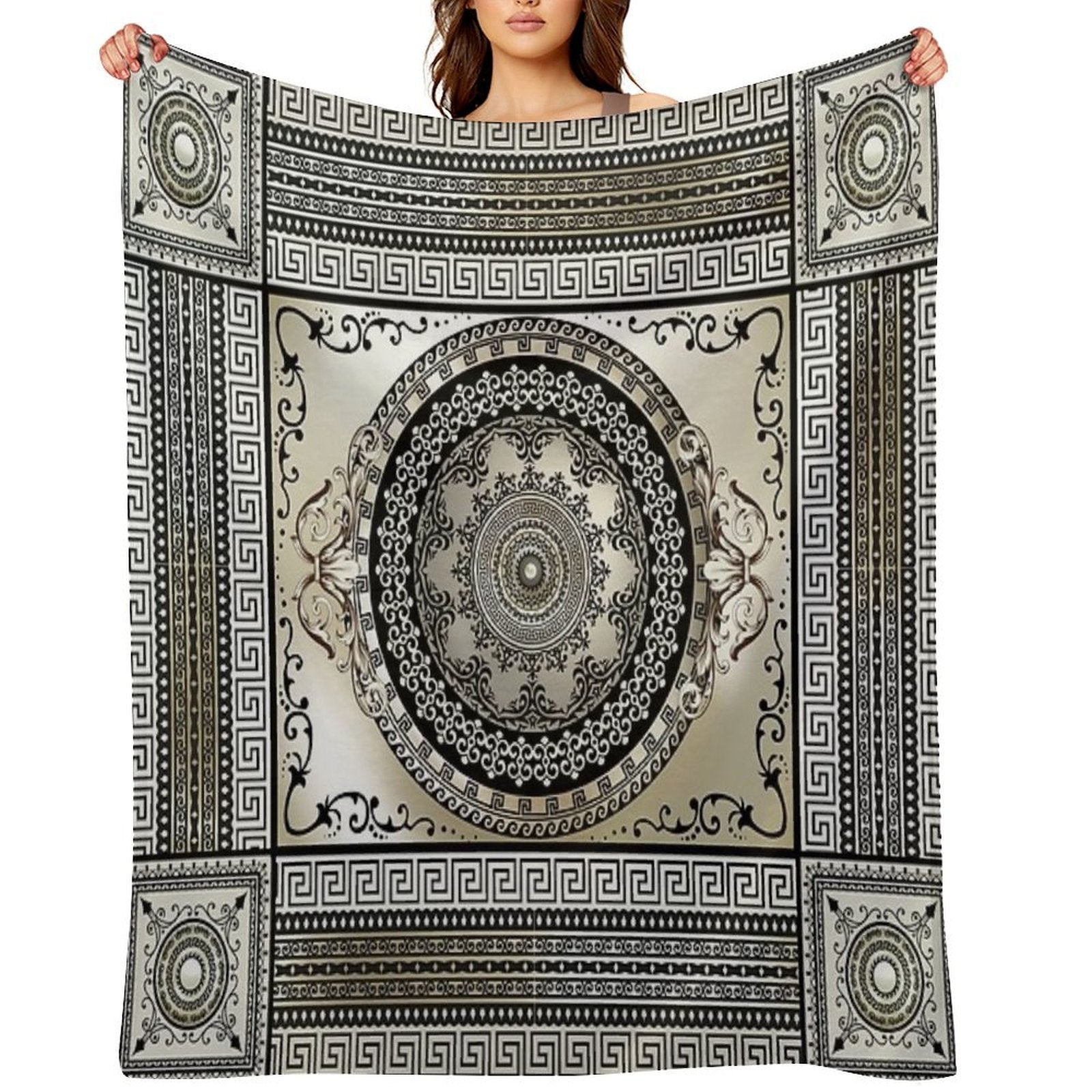 Greek Key Large Meander Cream Black Medallion Lightweight Throw Blanket