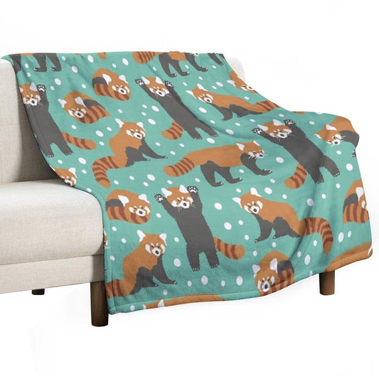 Cute Red Panda Pattern with White Dots And Turquoise Background Sustainable Throw Blanket