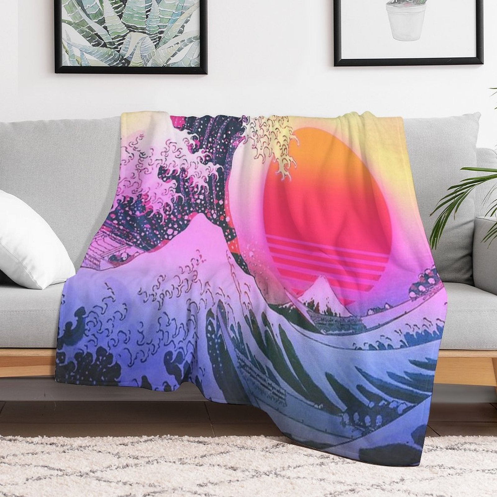 Great Wave Off Kanagawa Vaporwave Retro Aesthetic Travel-friendly Throw Blanket