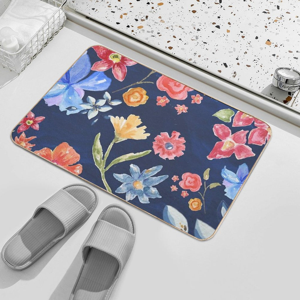Navy Blue with Colorful Flowers  Whimsical  Fun  Floral Design  Repositionable Bath Mat