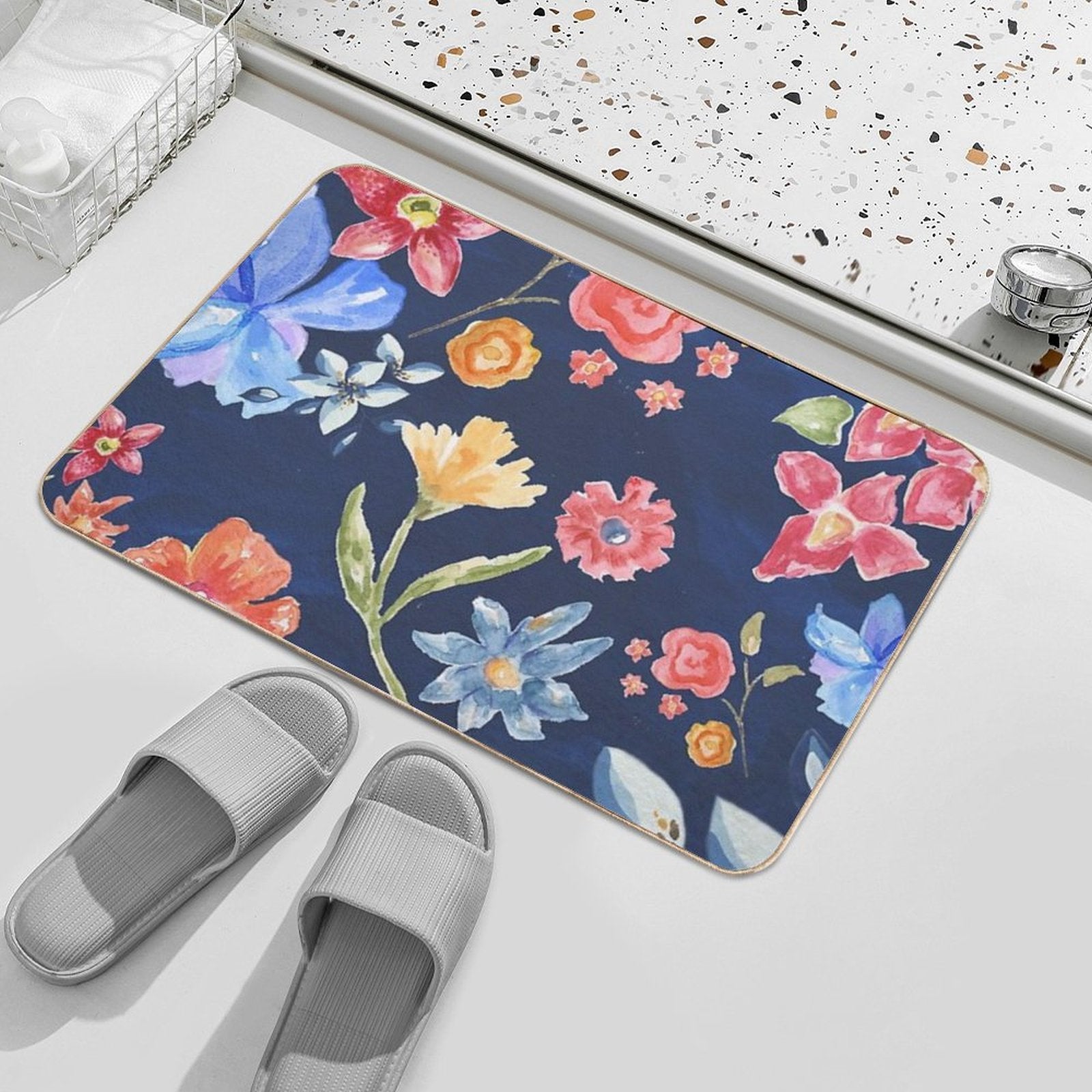 Navy Blue with Colorful Flowers  Whimsical  Fun  Floral Design  Repositionable Bath Mat