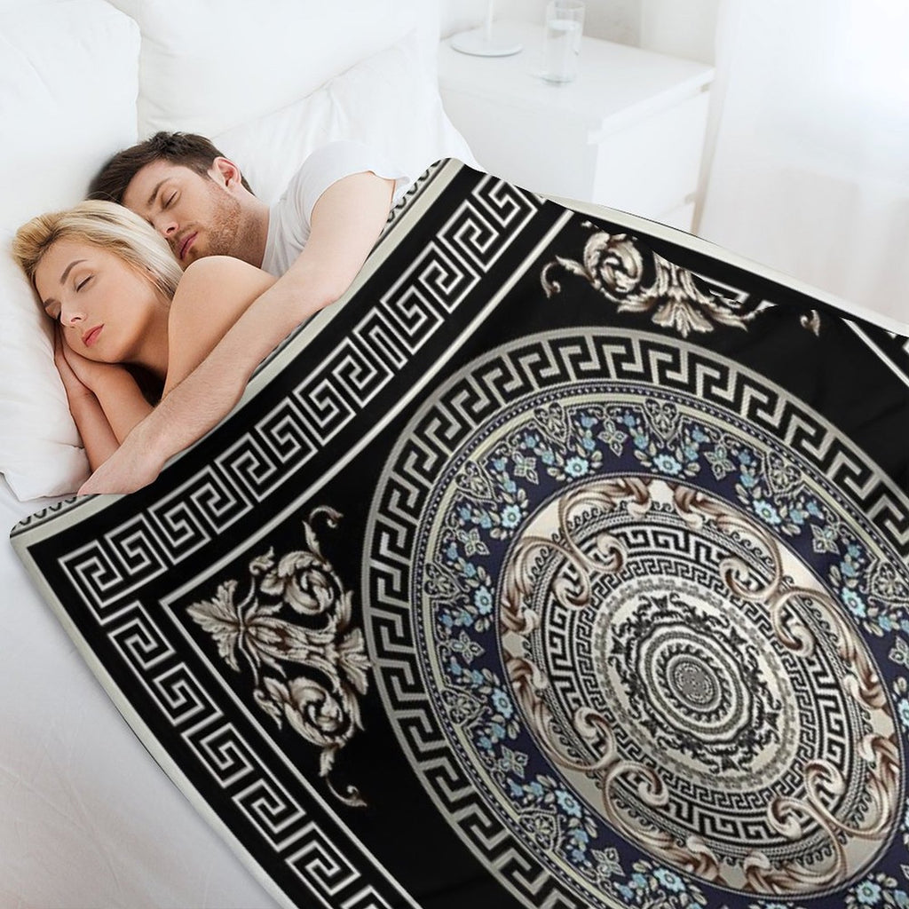 Greek Key Meander Cream Blue Black Medallion Ornate Baroque Versatility Throw Blanket