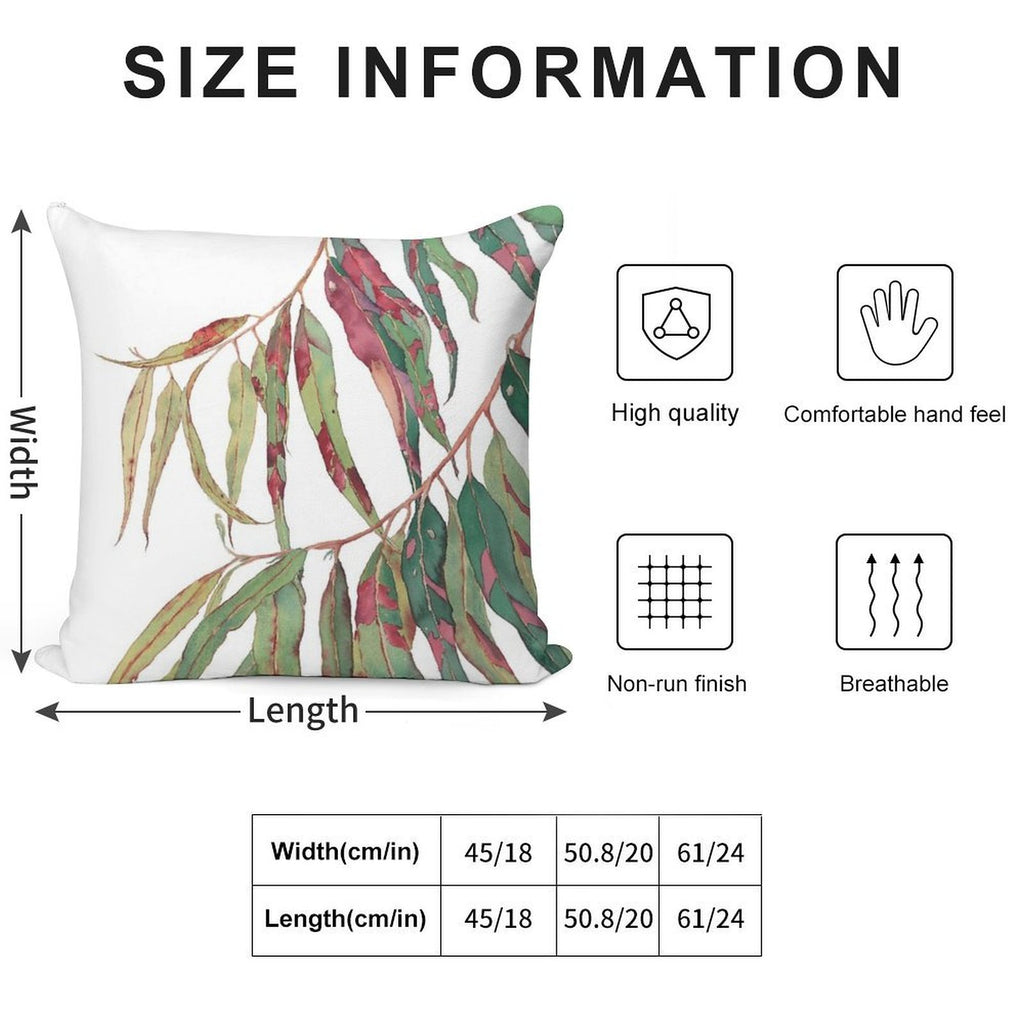 A Touch of Red - Watercolour of Eucalyptus Branch Soft Reinforced Edging Throw Pillow