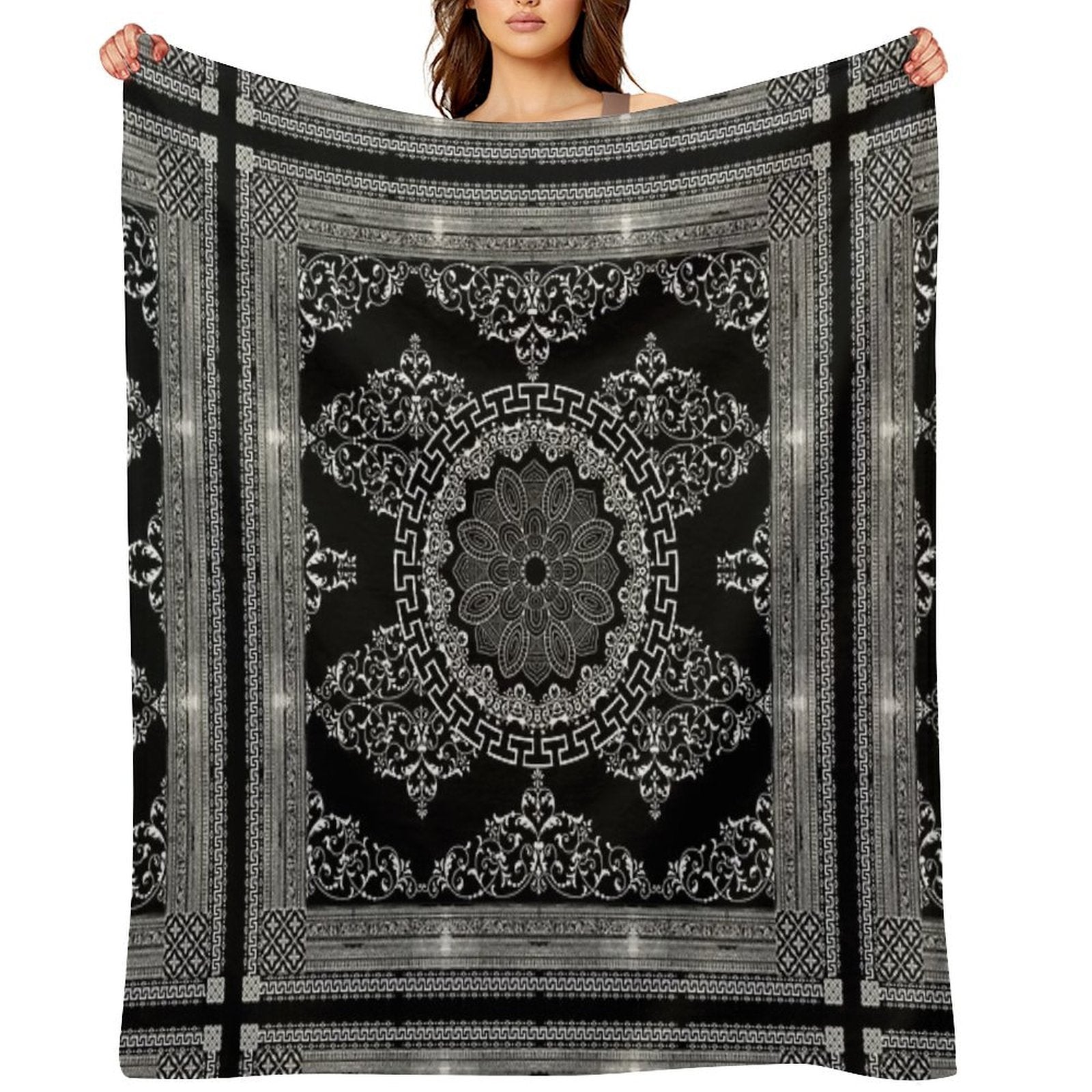 Ornate Baroque White Black Intricate Greek Key Border Versatility Throw Blanket
