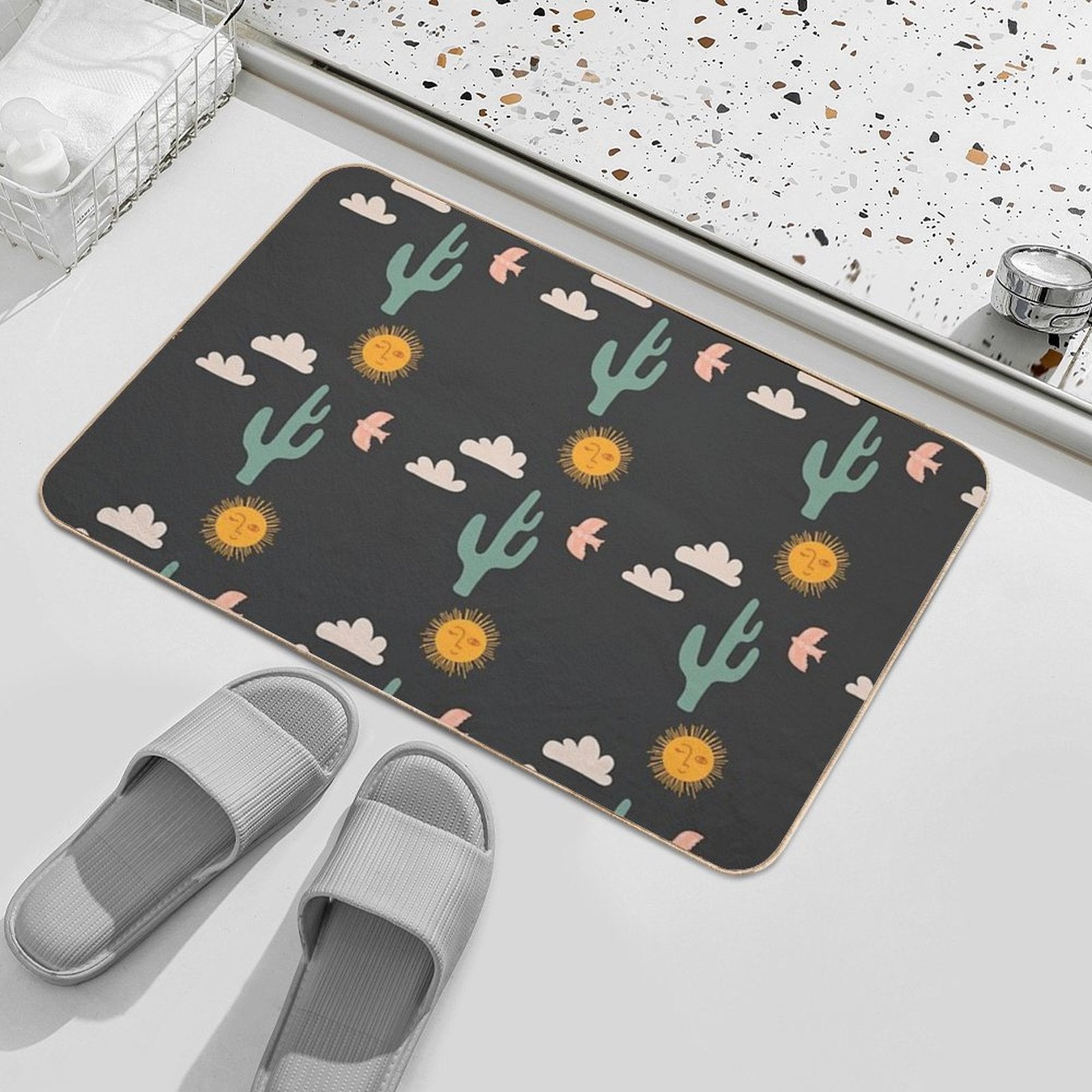 Boho Aesthetic Landscape Southwest Cactus And Sun - Charcoal Background  Eco-Friendly Bath Mat
