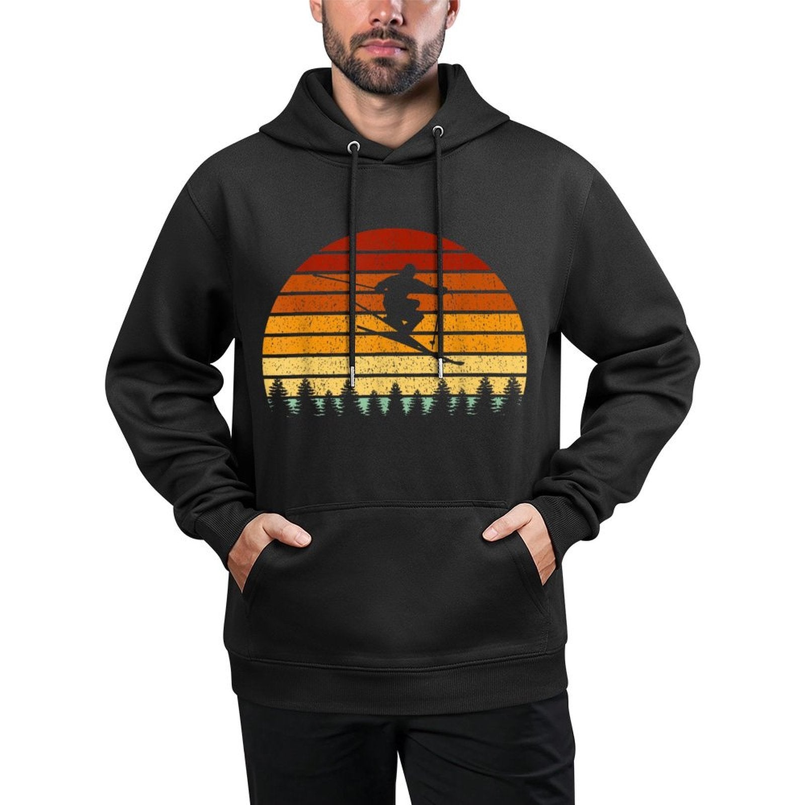 Vintage Sunset Skiing Gift For Skiers Relaxed Fit Hoodie