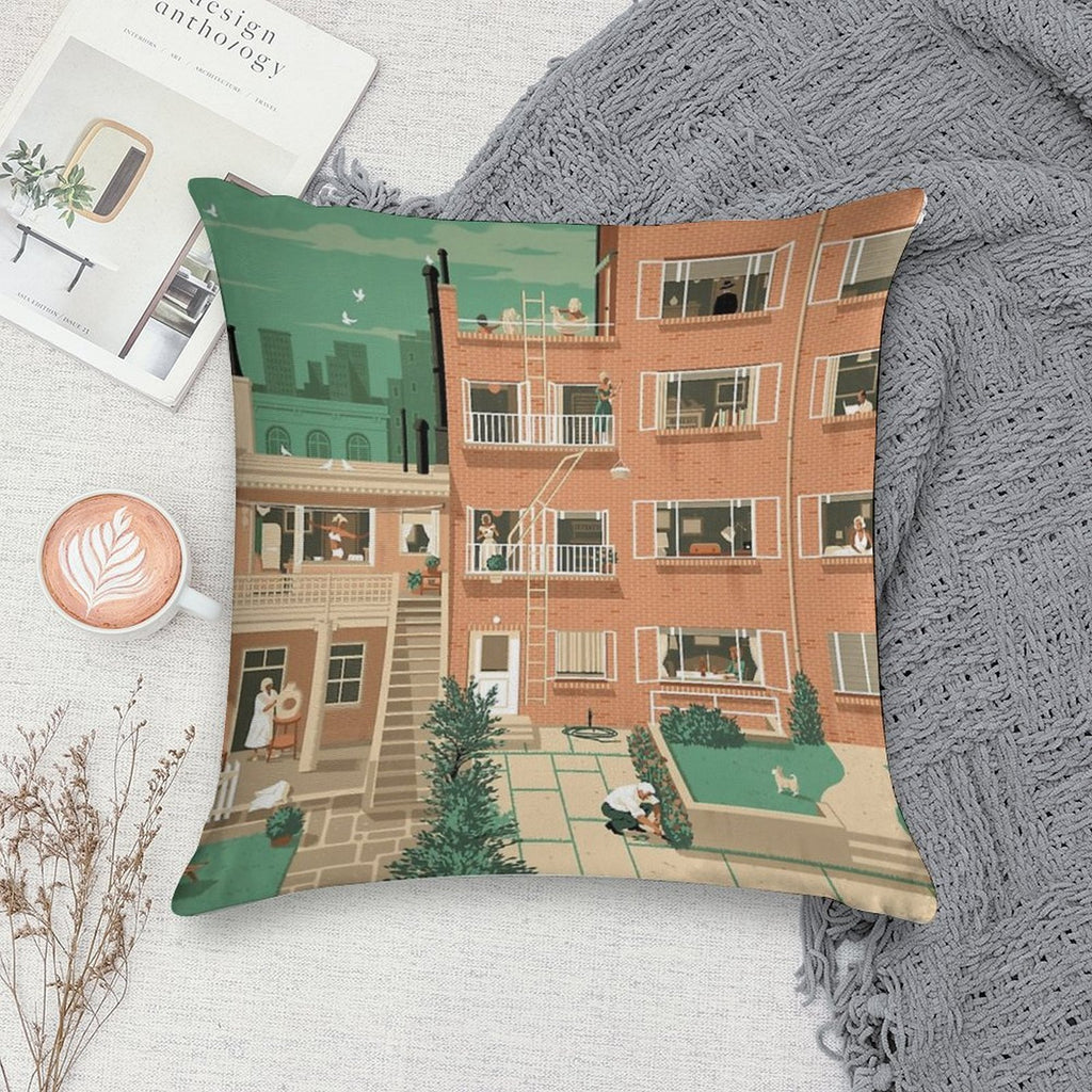 Travel Posters - Hitchcock's Rear Window - Greenwitch Village New York Soft Shrink-Resistant Throw Pillow
