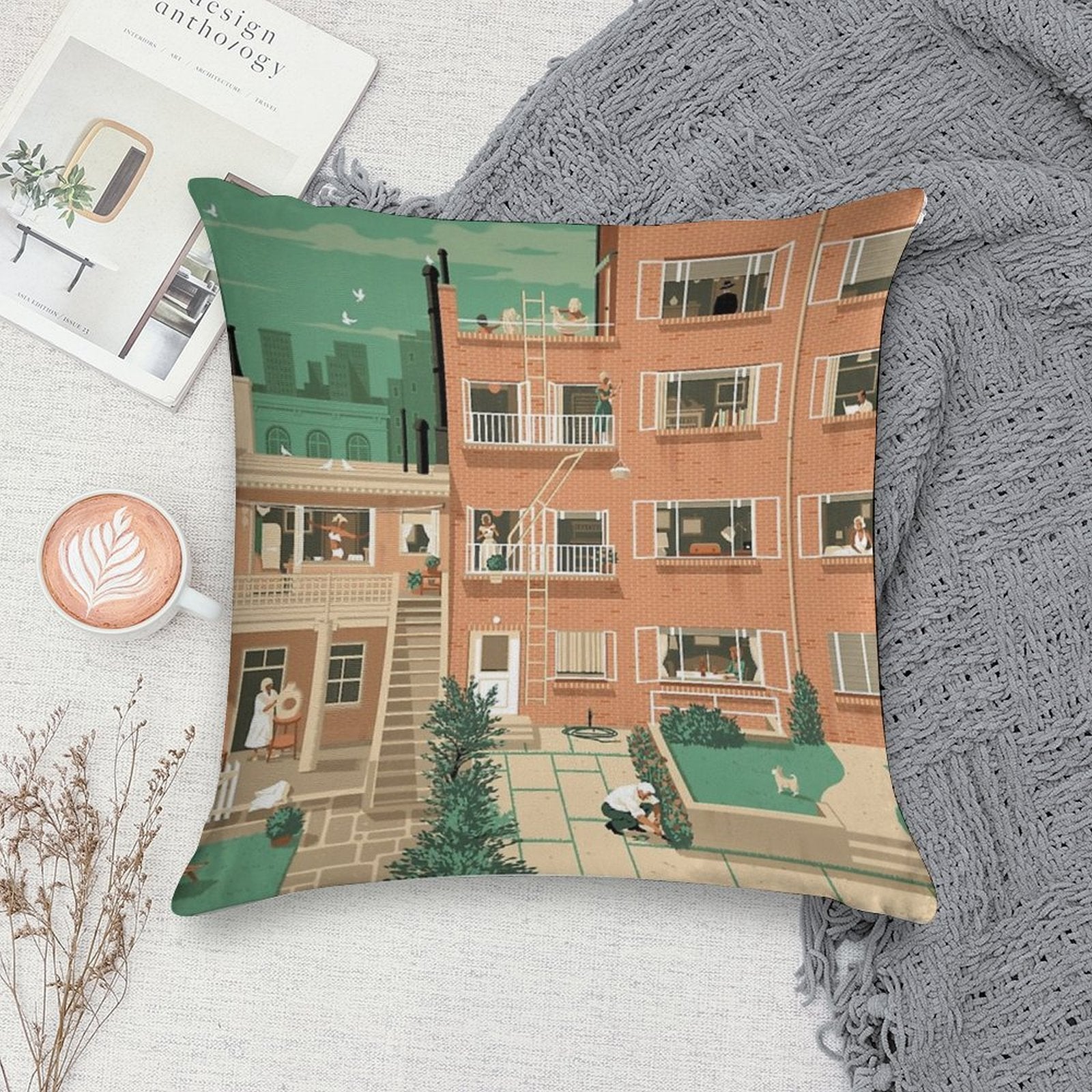 Travel Posters - Hitchcock's Rear Window - Greenwitch Village New York Soft Shrink-Resistant Throw Pillow