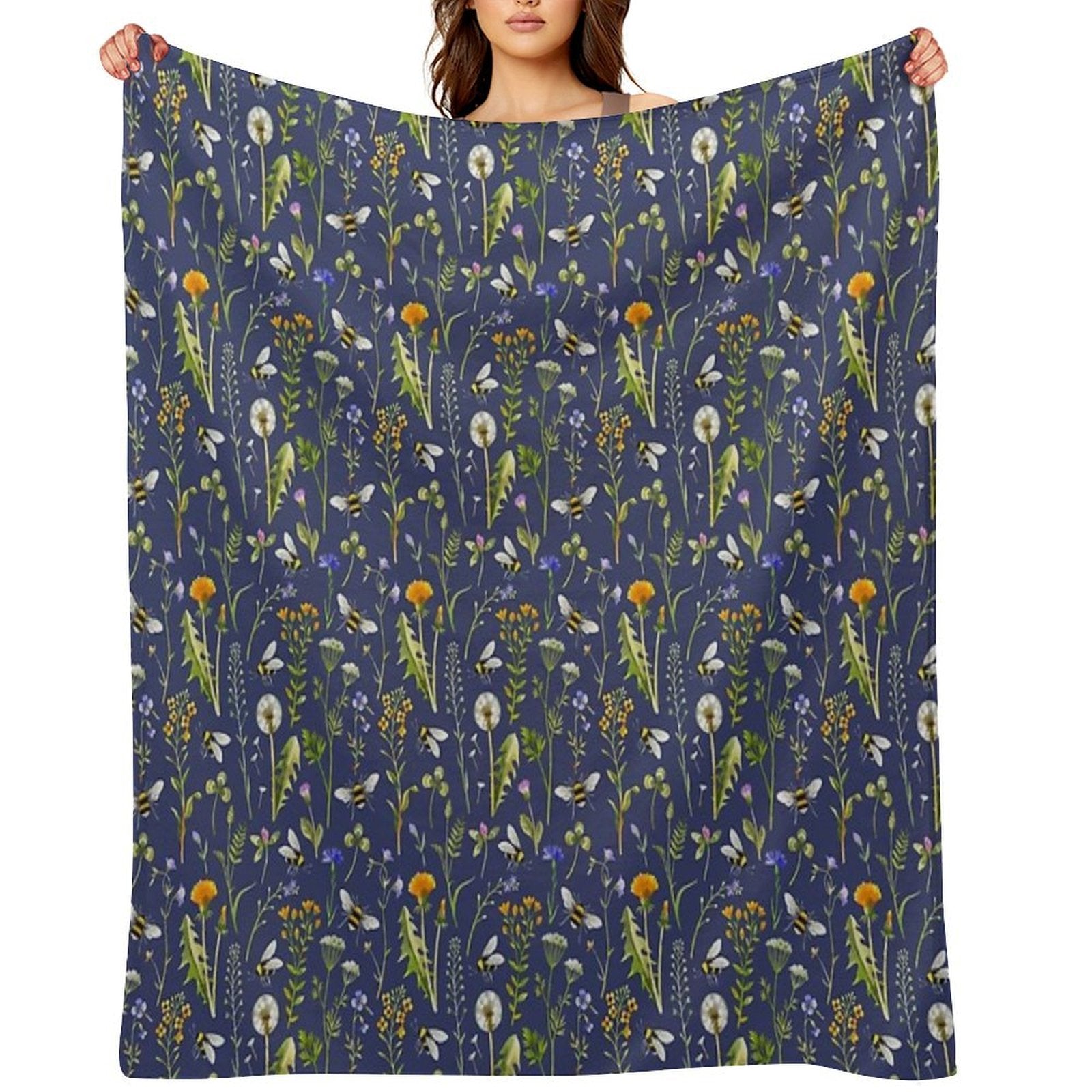 Bees And Wildflowers  Dark Blue Machine-washable Throw Blanket