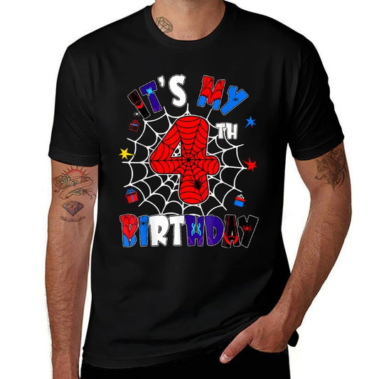 It's My 4th Birthday Spider Theme Party Boys 4 Years Old  Polyester Blend T-Shirt