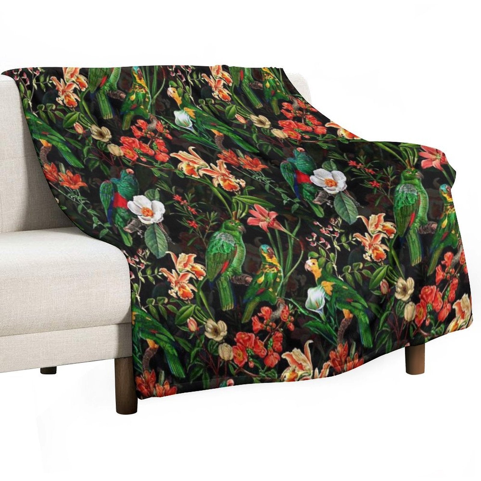 Pierre Joseph Redoute Tropical Vintage Jungle Flowers And Parrots Nostalgic Mystic Botanical Night Garden Pattern Nightgarden Anti-pilling Throw Blanket