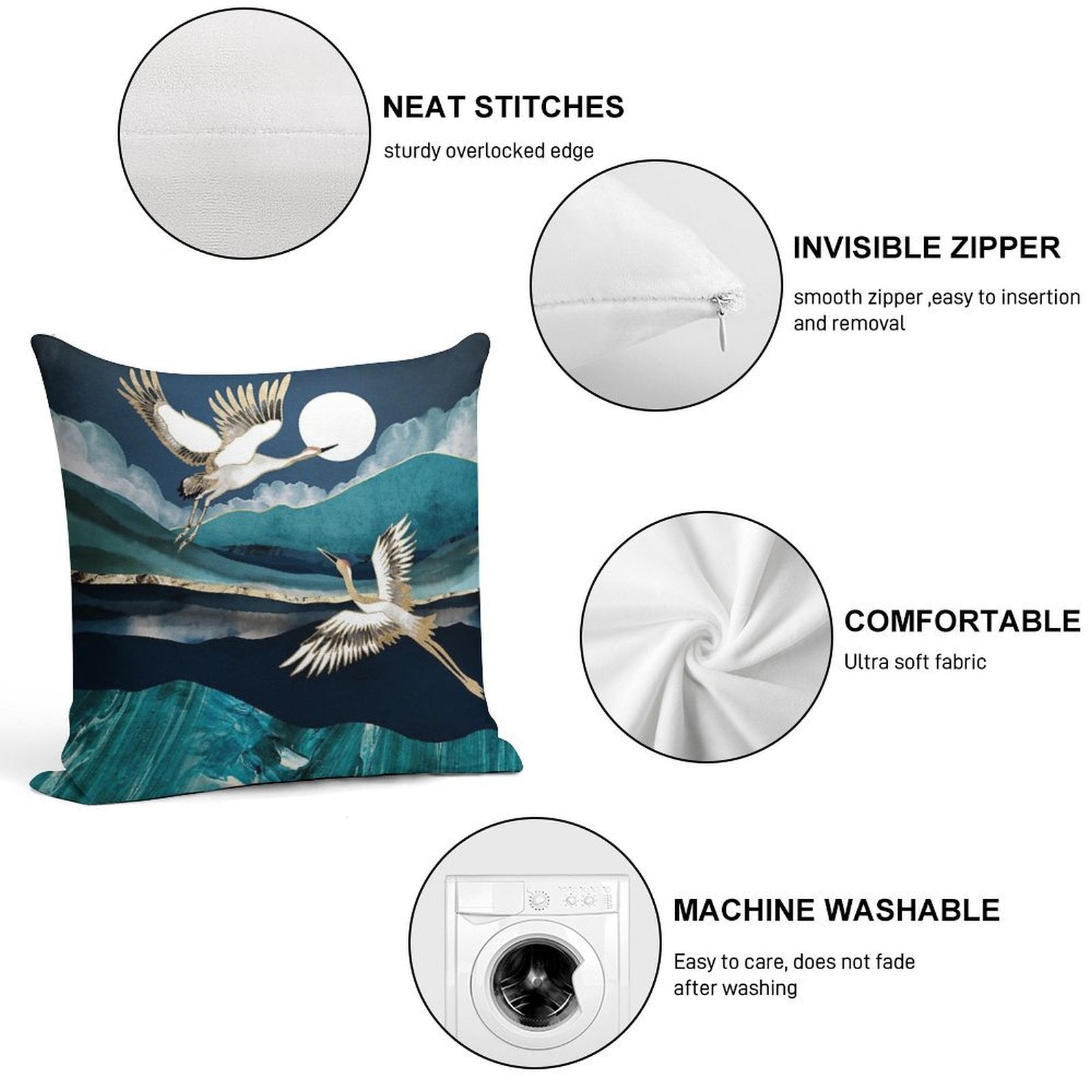 Midnight Cranes Soft Fade-Resistant Throw Pillow
