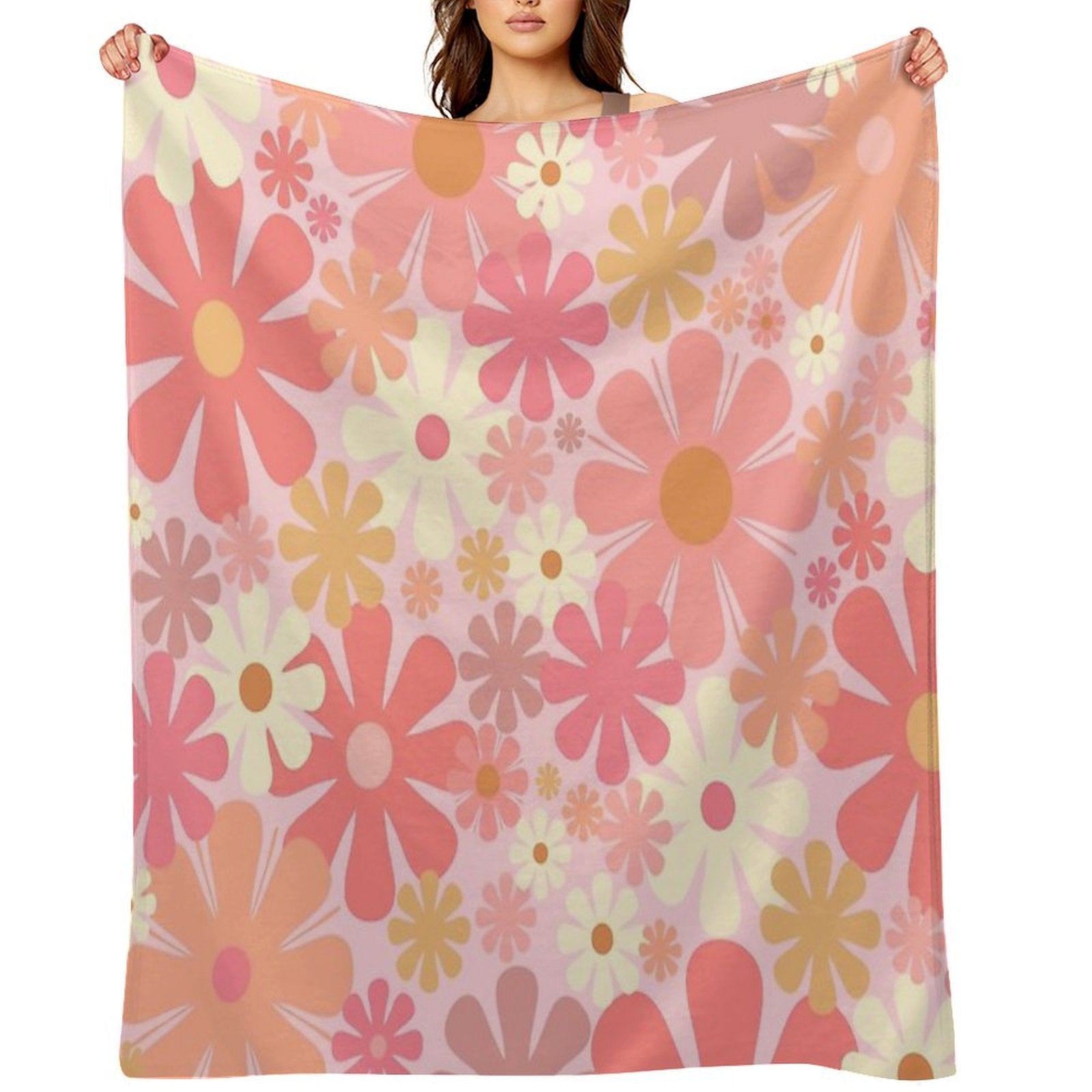 Vintage 60s 70s Flowers Retro Floral Pattern in Blush Pink And Mustard Tones Shrink-resistant Throw Blanket