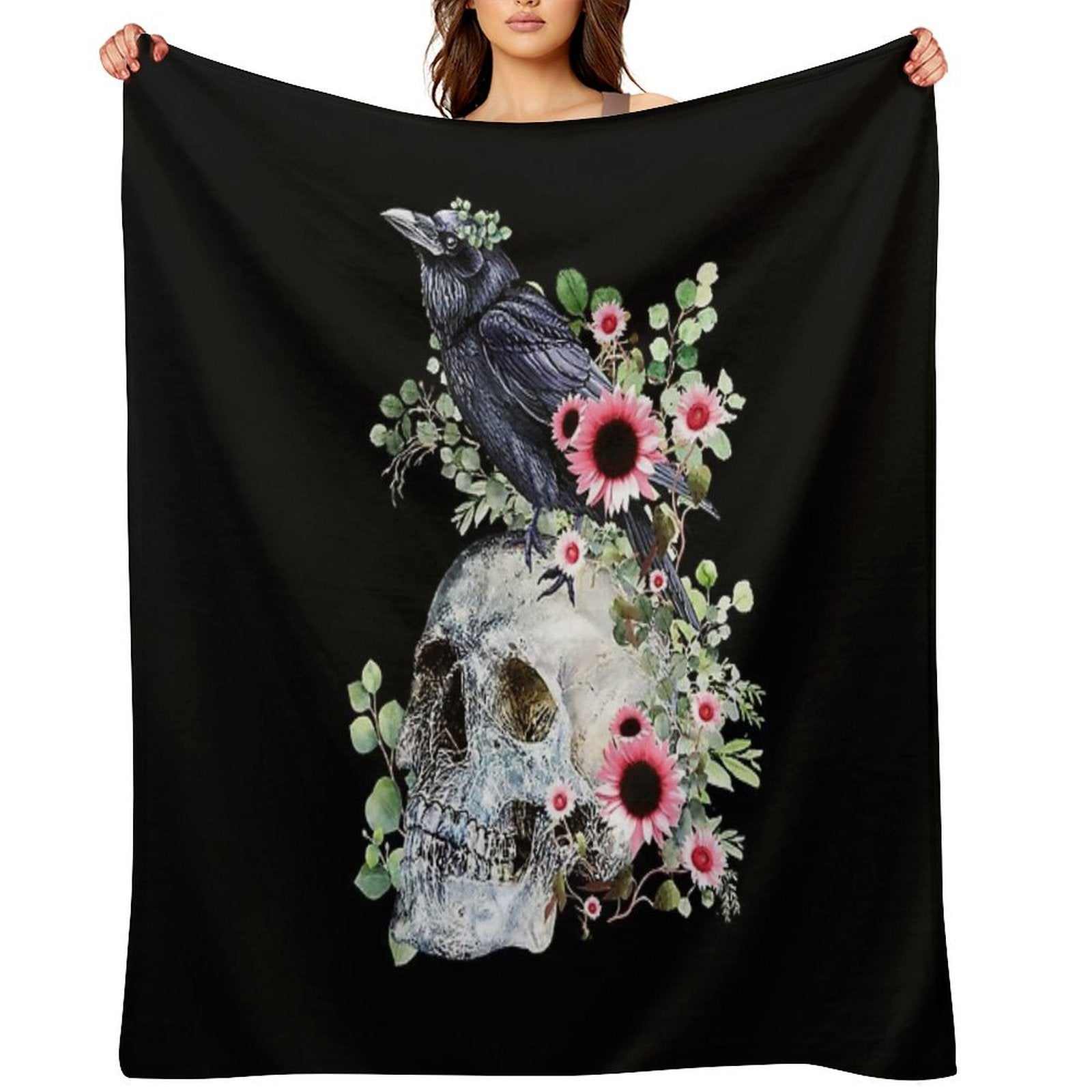 Black Raven with Skull And Leaves Crow, Skeleton Leaves Eucaliptus And Pink Sunflowers Machine-washable Throw Blanket