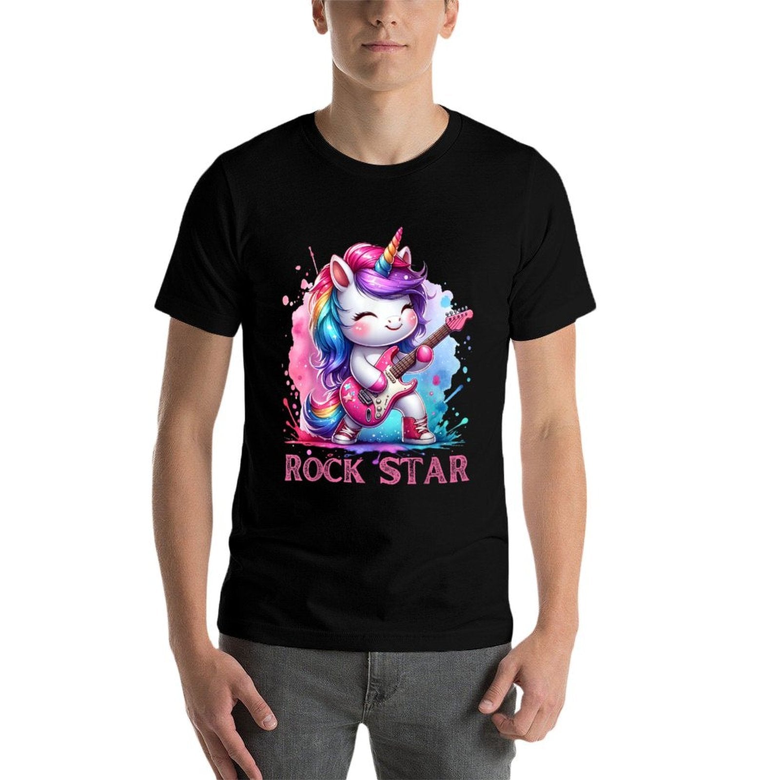 Cute Unicorn Rock Star Guitar Rockin' Music Singer  Fade-proof Color T-Shirt
