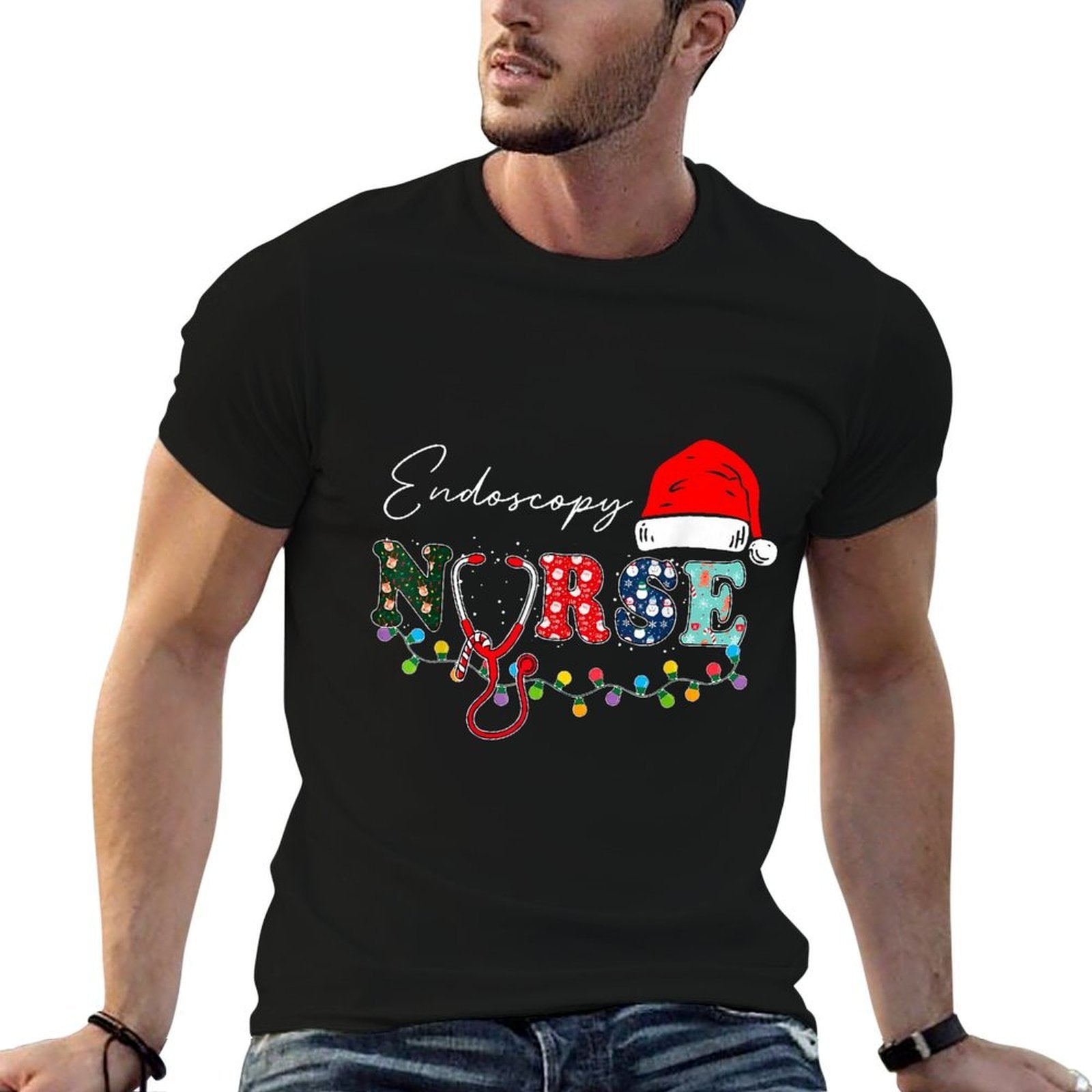 Endoscopy Nurse Santa Hat Christmas Lights Endo Nursing  Oversized Silhouette T-Shirt