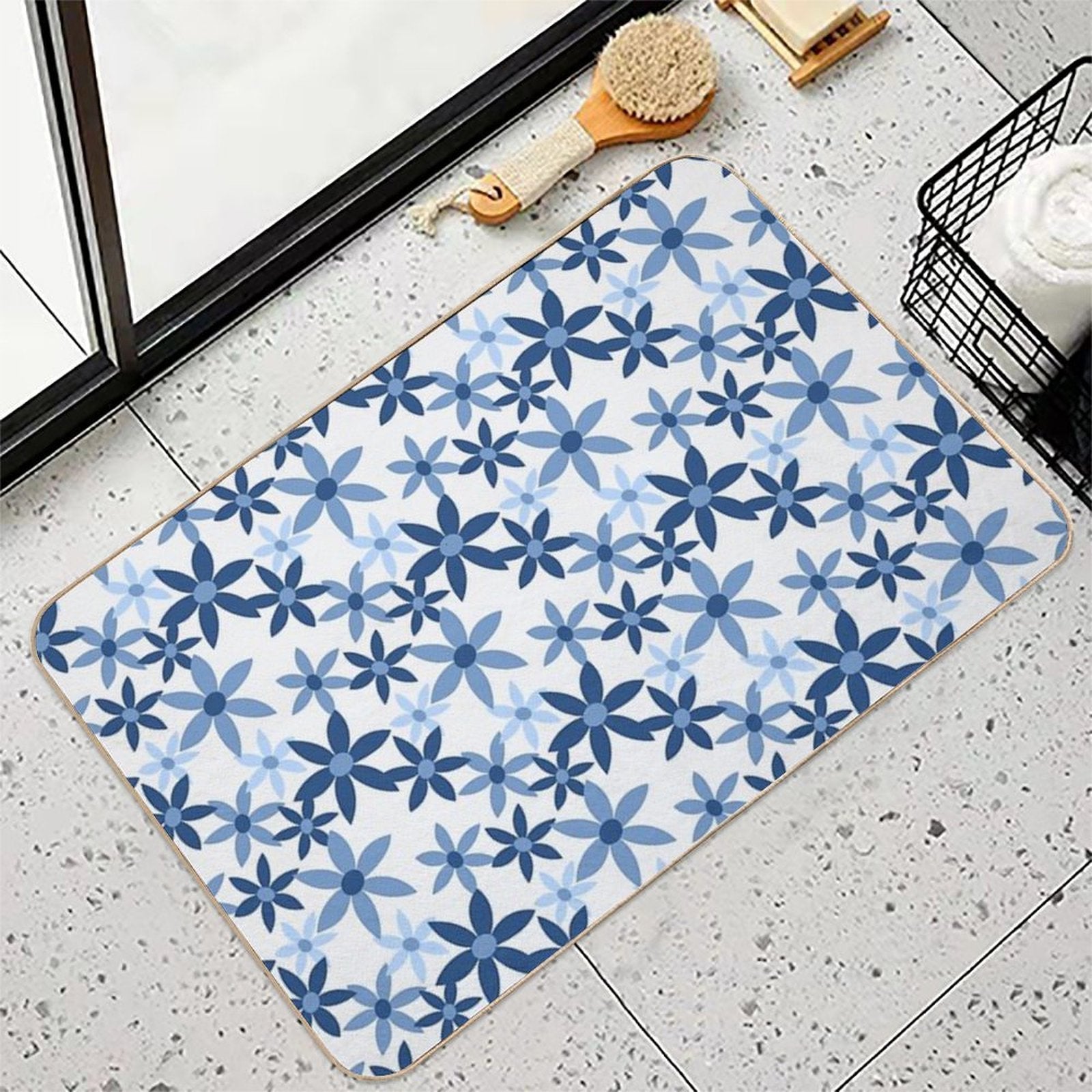 Star Flowers - Blue  Easy Maintenance Bath Mat