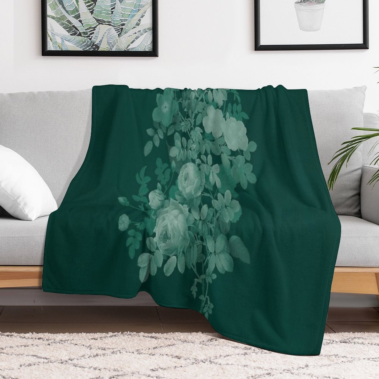Dark Green Floral Collage, Bottle Green Monochrome Roses Bouquet Shrink-resistant Throw Blanket