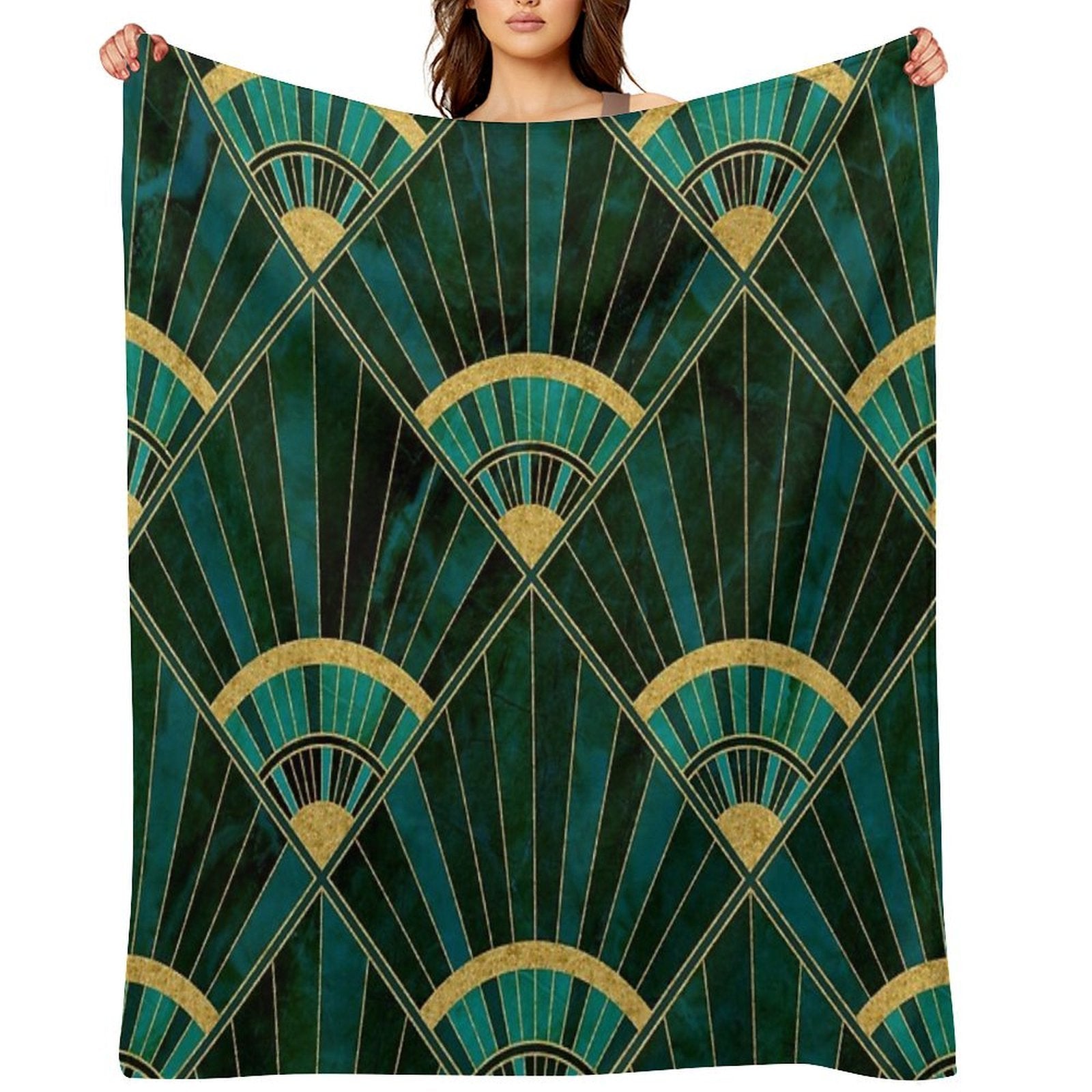 Art Deco Real Green Marbled Geometric Pattern Quick-dry Throw Blanket