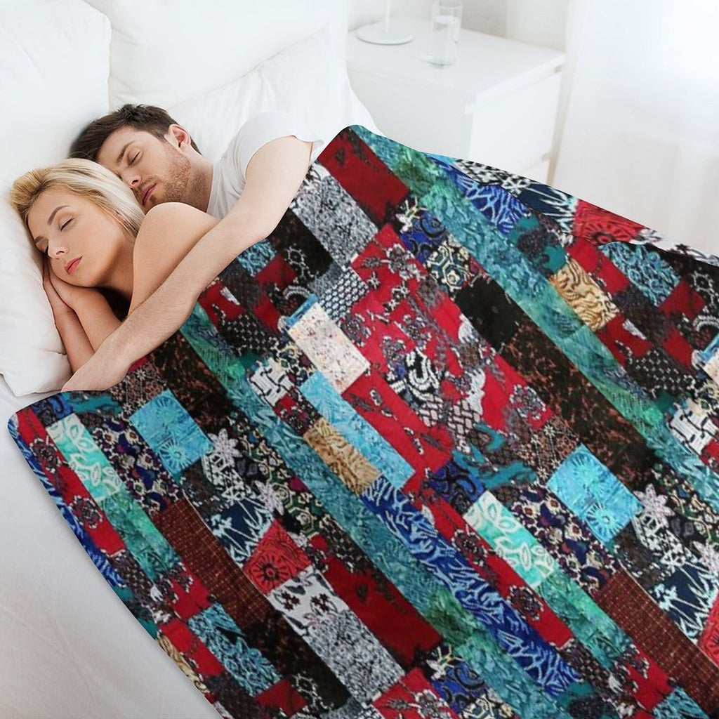 Indonesian Batik Patchwork Red Blue Tone Eco-conscious Throw Blanket
