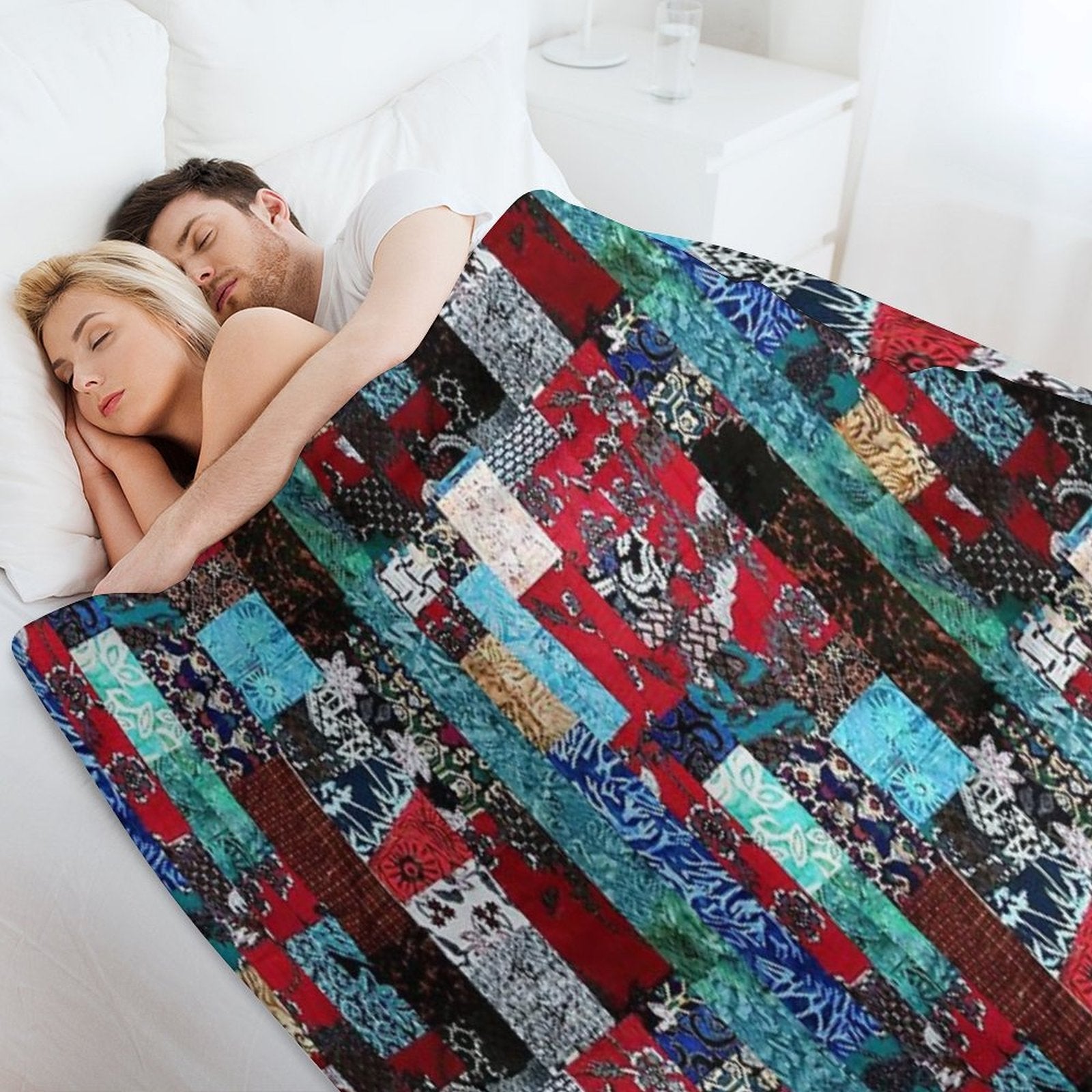 Indonesian Batik Patchwork Red Blue Tone Eco-conscious Throw Blanket