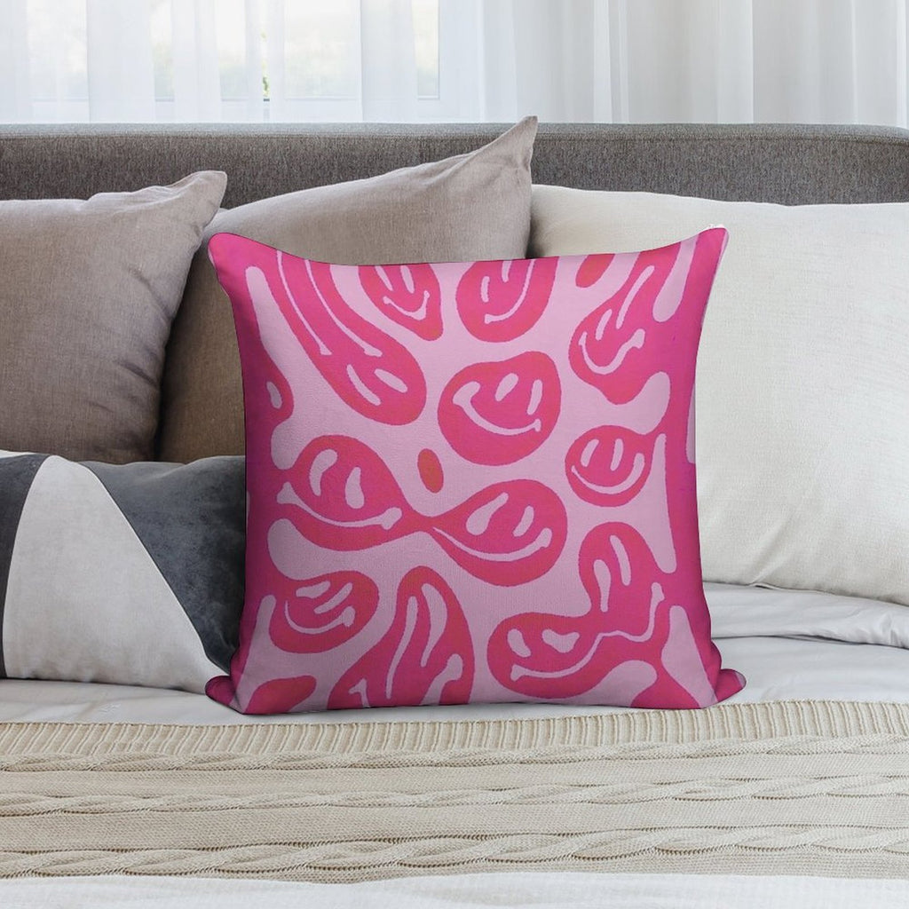 Hot Pink Melted Smiley Face Psychedelic Pattern Soft Bedroom Essential Throw Pillow