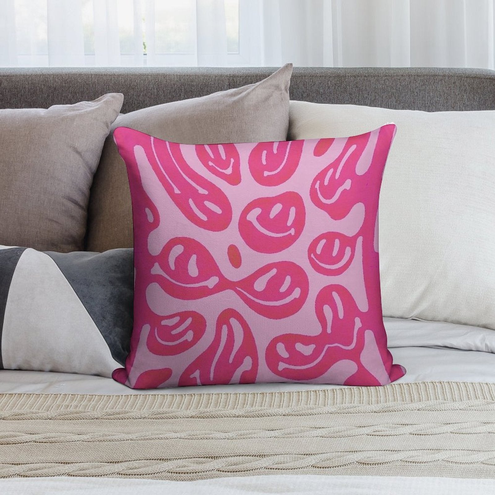 Hot Pink Melted Smiley Face Psychedelic Pattern Soft Bedroom Essential Throw Pillow