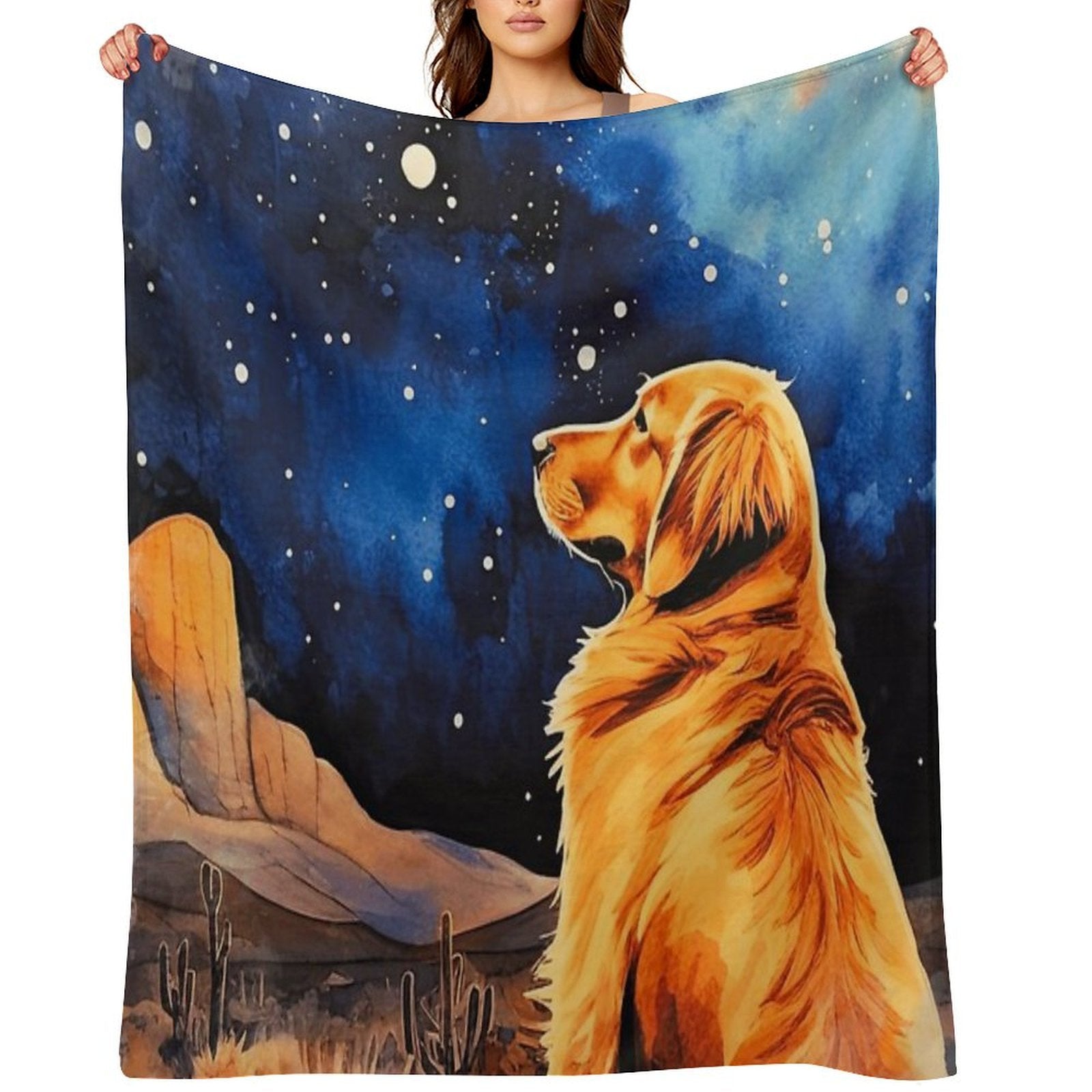 Golden Retriever In The Desert At Night Quick-dry Throw Blanket
